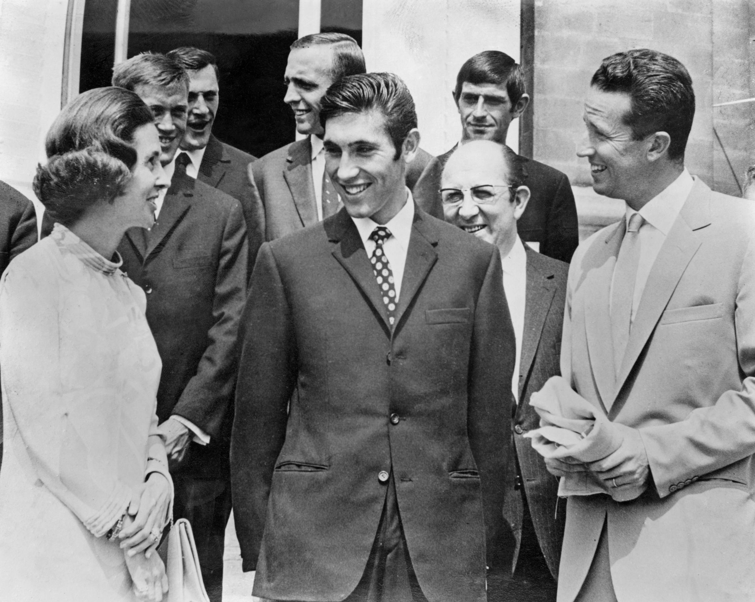 Merckx at the Royal Castle, Brussels, with King Baudouin I and Queen Fabiola after his win