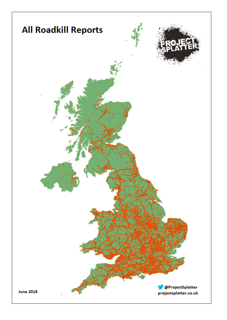 A map of every roadkill report received by Project Splatter as of June 2018 (Project Splatter/Cardiff University)