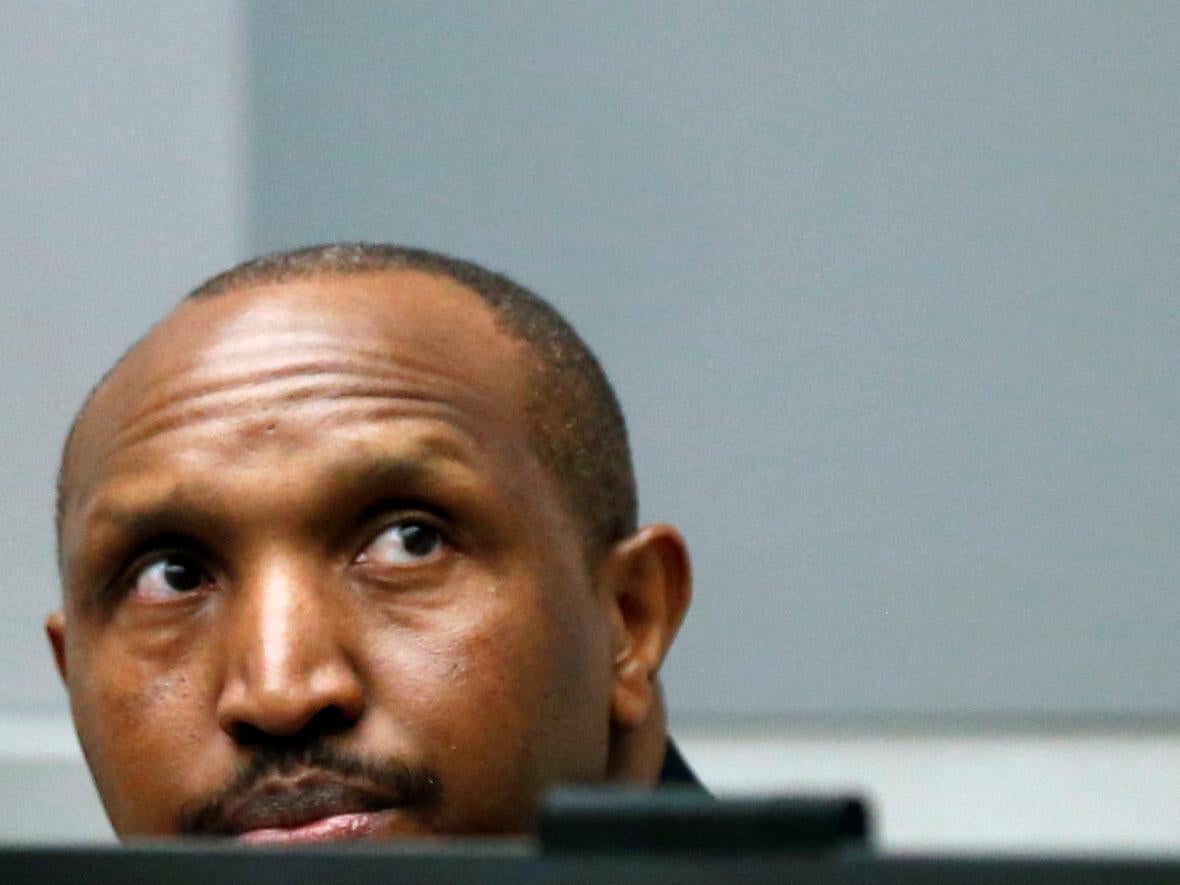 Bosco Ntaganda sits in the ICC’s courtroom earlier today