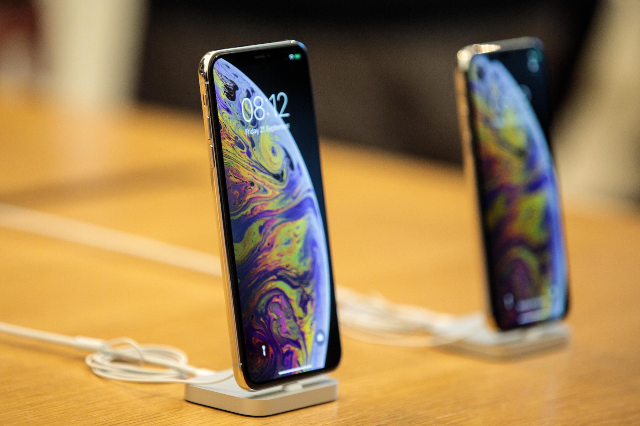 The iPhone XS Max and the iPhone XS on display at the Apple Regent Street store during their launch on September 21, 2018 in London, England