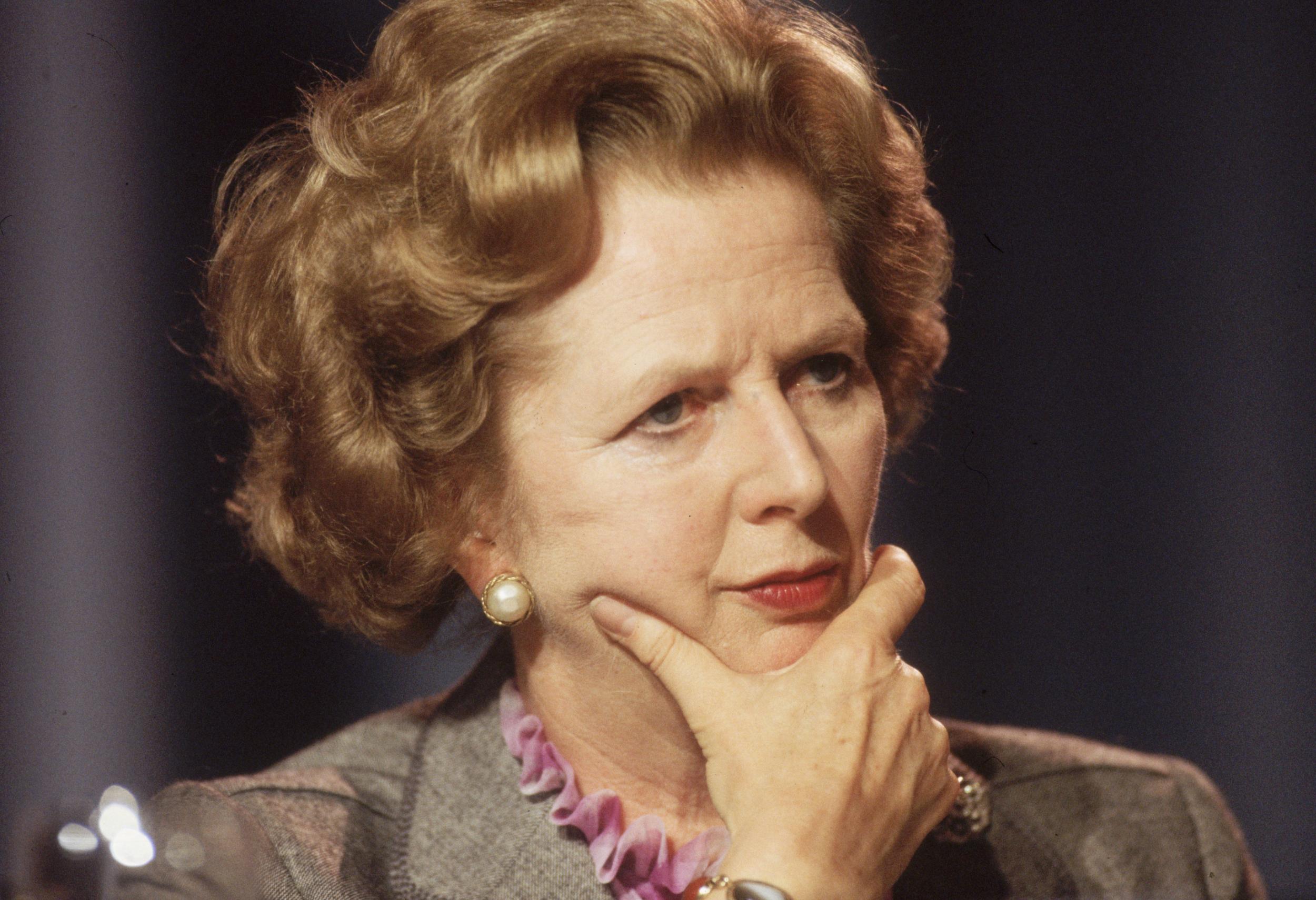 British prime minister Margaret Thatcher looking pensive at the Conservative Party Conference in Blackpool.