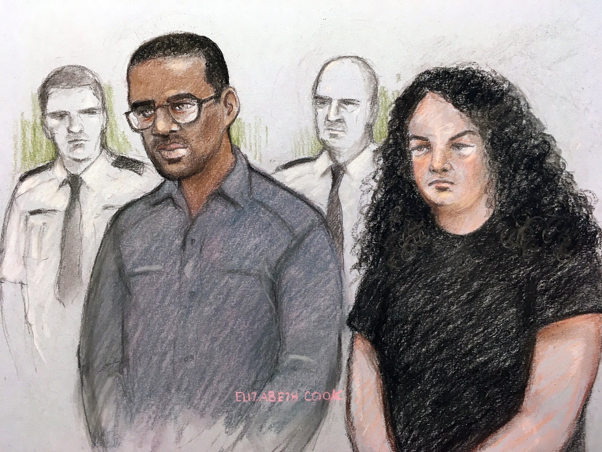 An artist’s impression of Darren Pencille and his girlfriend Chelsea Mitchell in the dock during the trial