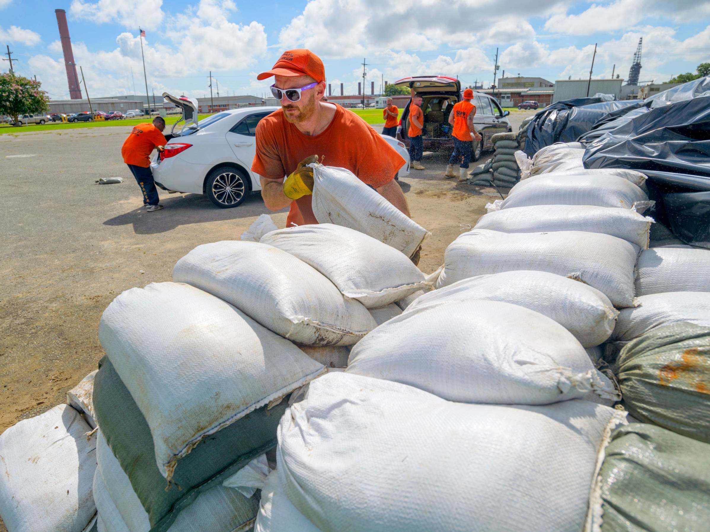 Sandbags prepared for residents in Chalmette, Louisiana