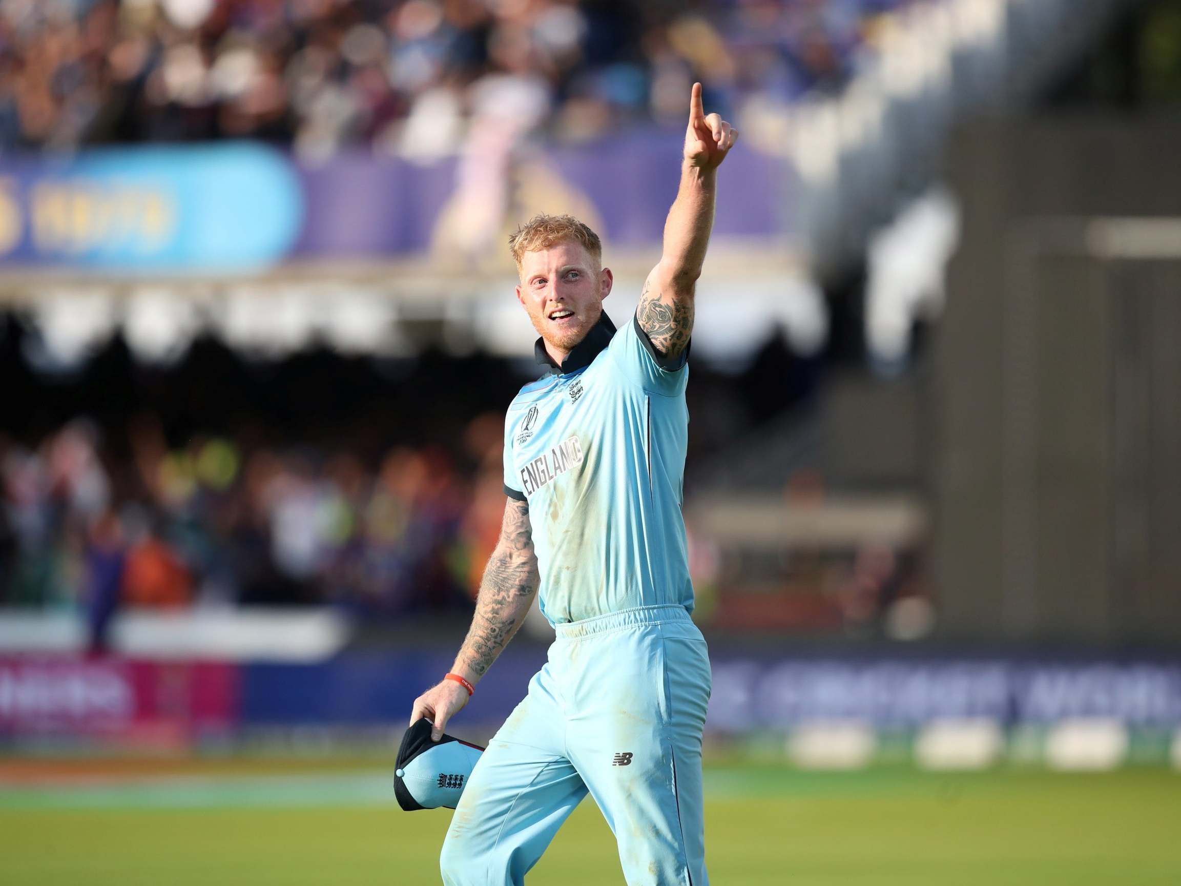 Ben Stokes celebrates after England's historic World Cup win