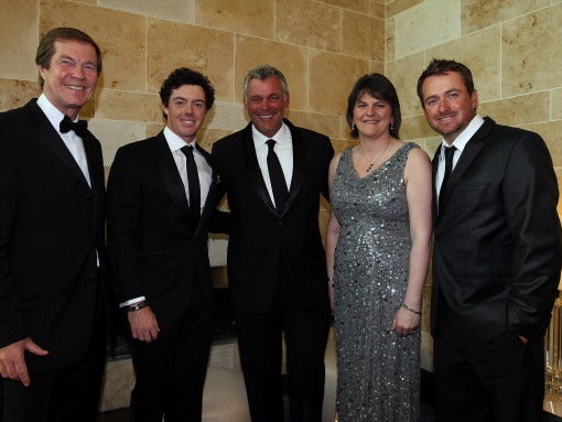 George O’Grady, Rory McIlroy, Darren Clarke, Arlene Foster and Graeme McDowell