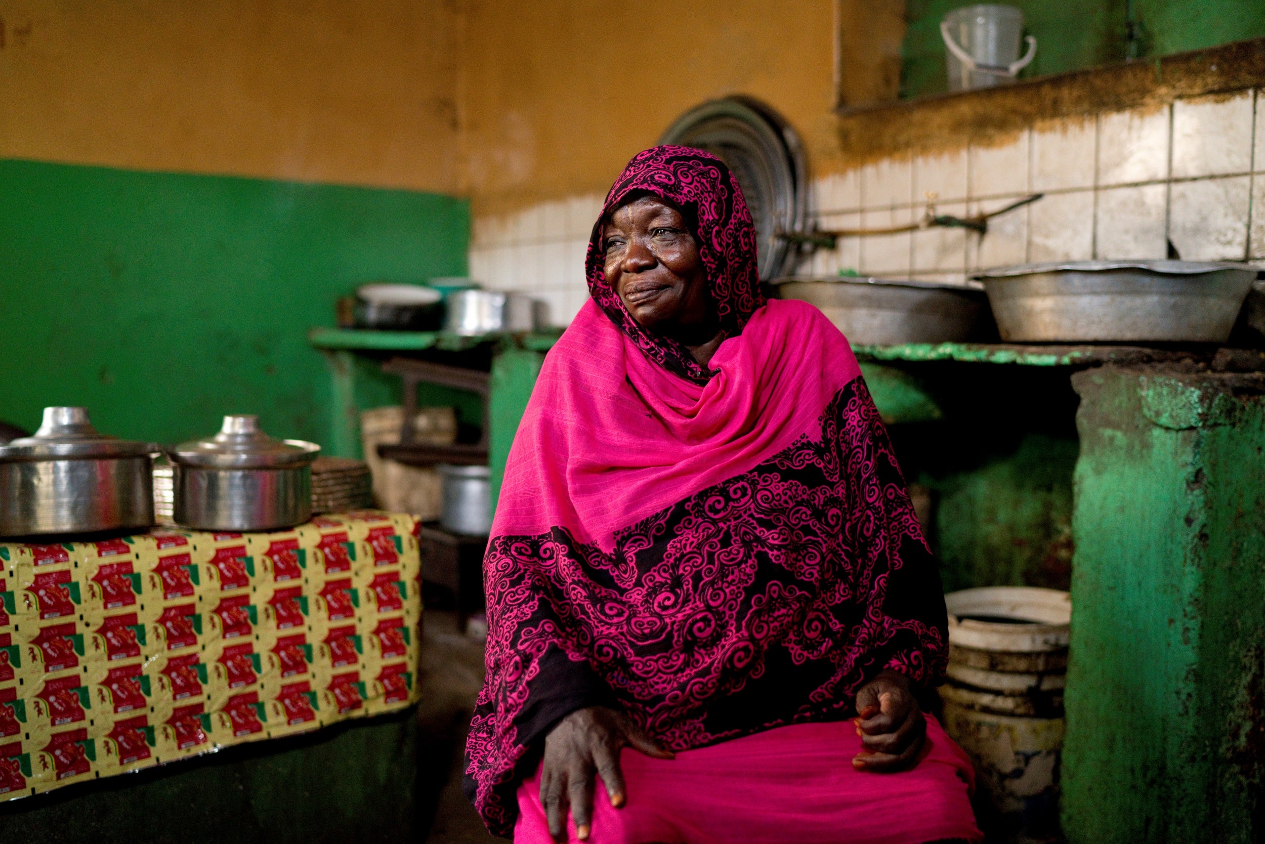 Awadiya Mahmoud Koko Ahmed, 60, is the head of Food and Tea Sellers Union. She said: ‘I went to see the sit-in area to check what is happening there. I served them free tea with the money my daughter gave me. And we made a kitchen as a group of union members. We prepared food every day. All the people were good. They called me “mom”. When I was in America, I saw that even animals had rights. If I was the president, I would make sure that there was justice. I would treat everyone equally.’