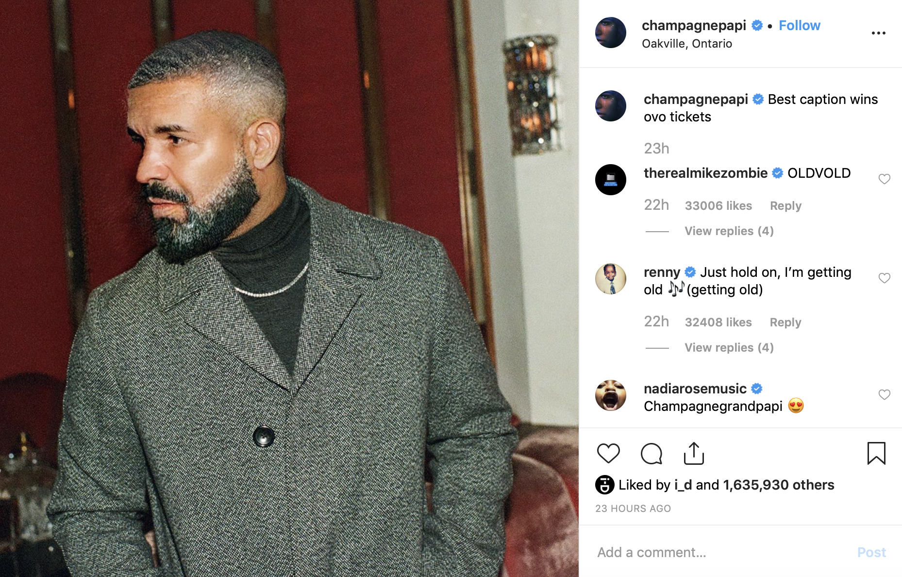 Canadian rapper Drake used the FaceApp filter on a photograph of him wearing a grey overcoat, roll neck and silver chain necklace. In the caption, Drake offered fans tickets to his music festival for the best picture caption on his post which has since been liked by more than 1.6m people.