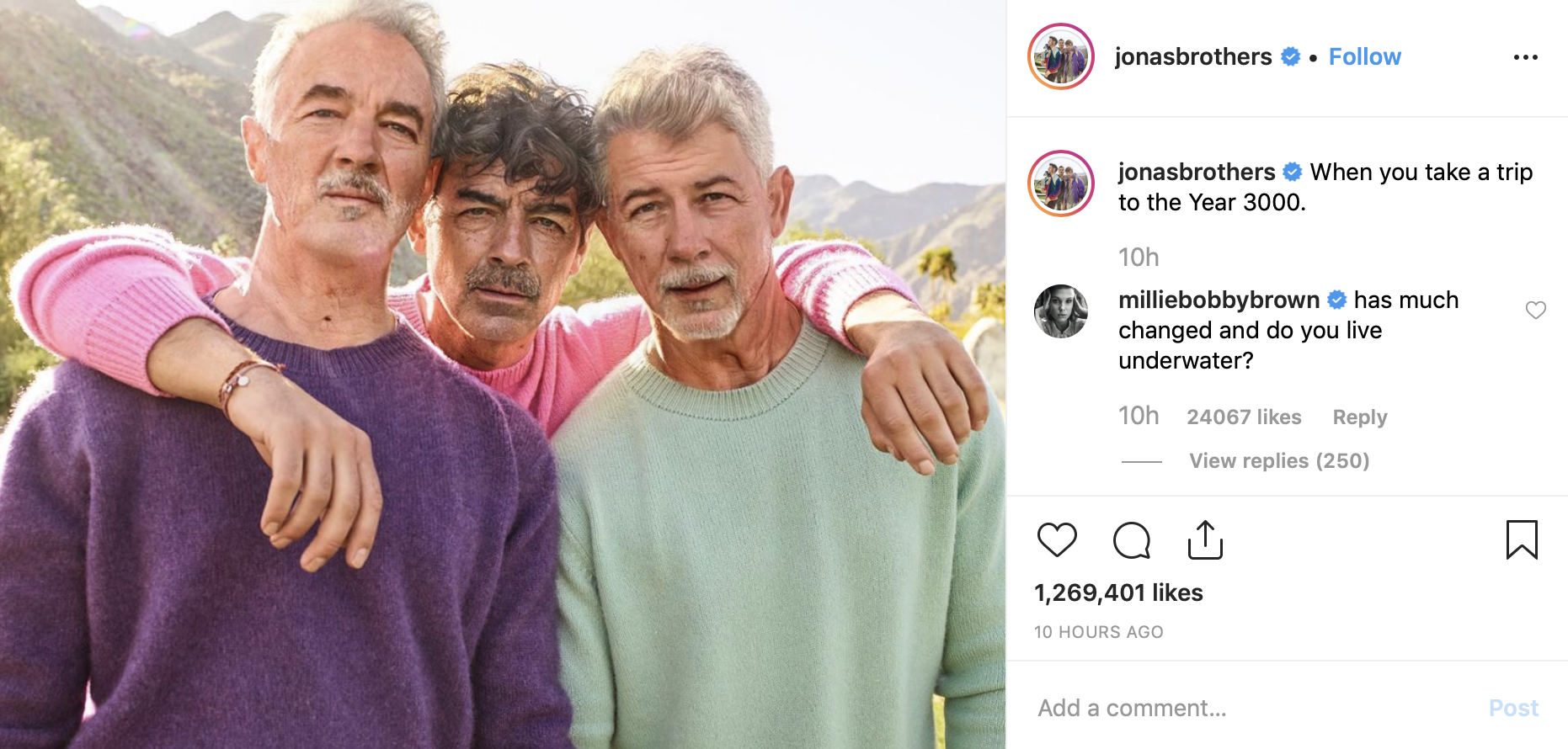 The Jonas Brothers’ official Instagram account shared a picture of Kevin, Joe and Nick looking quite a few years older older. In the caption, the band referenced a Busted song they previously covered, writing: “When you take a trip to the Year 3000.”