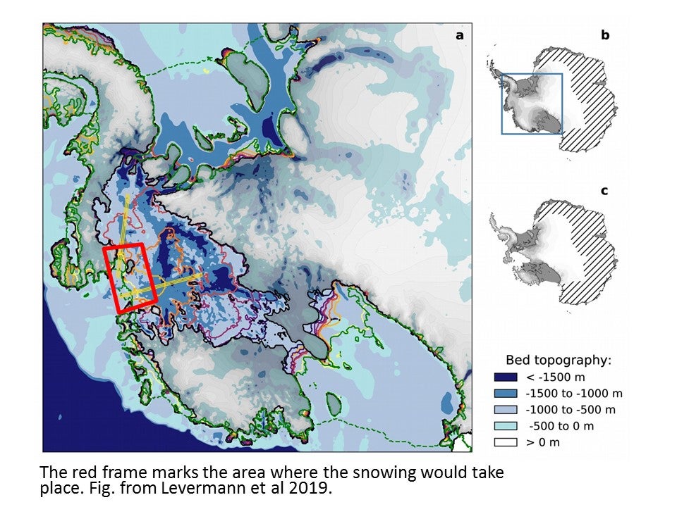 Seawater could be turned into ice and then pumped onto the glacier. The red frame marks the area where the snowing would take place