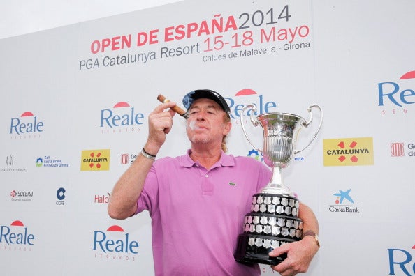 Miguel Angel Jimenez celebrates winning the Spanish Open in 2014