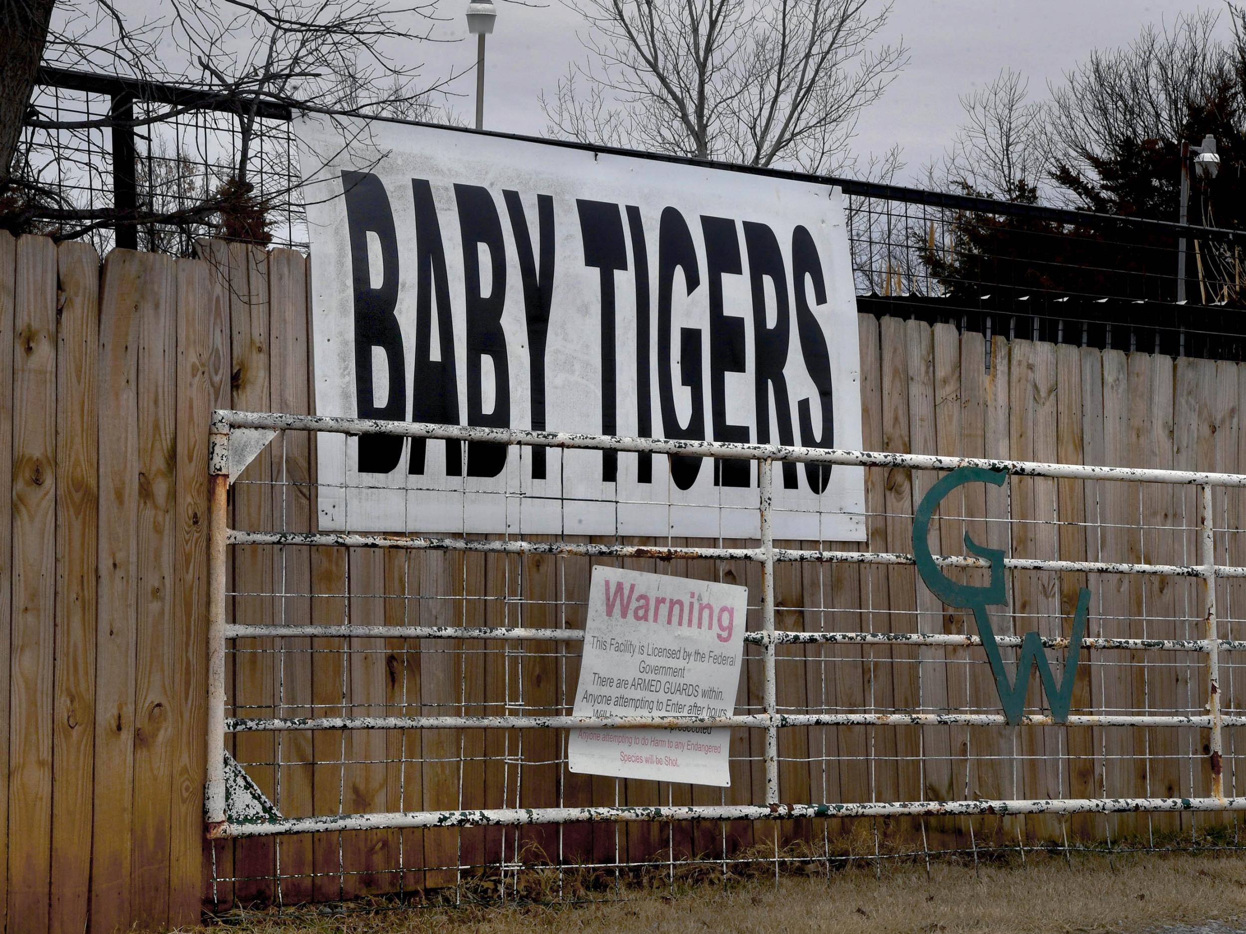 A sign advertises tiger cubs at the entrance of the Greater Wynnewood Exotic Animal Park in February (Michael S Williamson for The Washington Post)