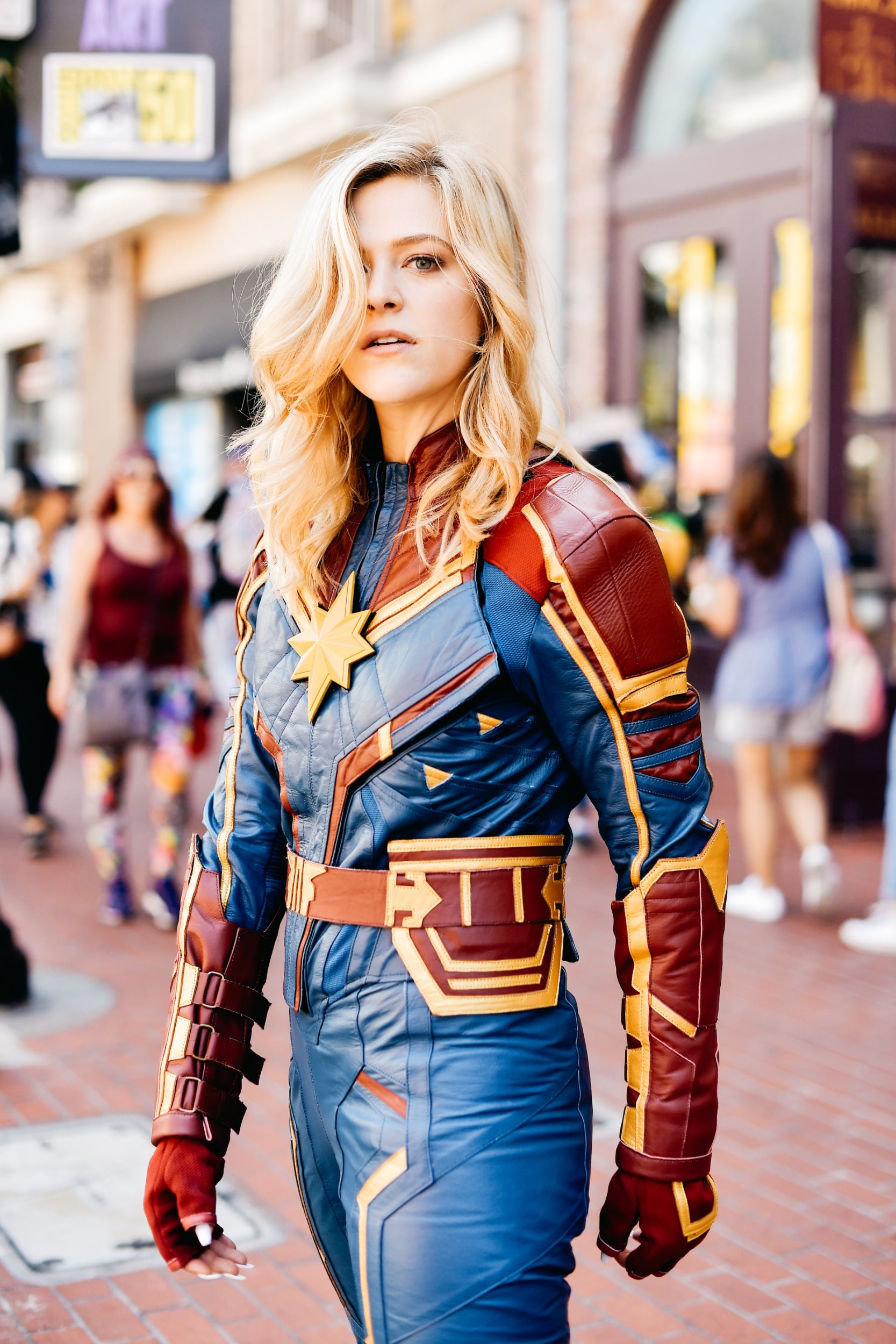 BuzzFeed producer Kelsey Impicciche transforms into powerhouse superhero Captain Marvel, donning Carol Danvers' signature red and blue suit and looking ready to take on any hapless soul who gets in her way.