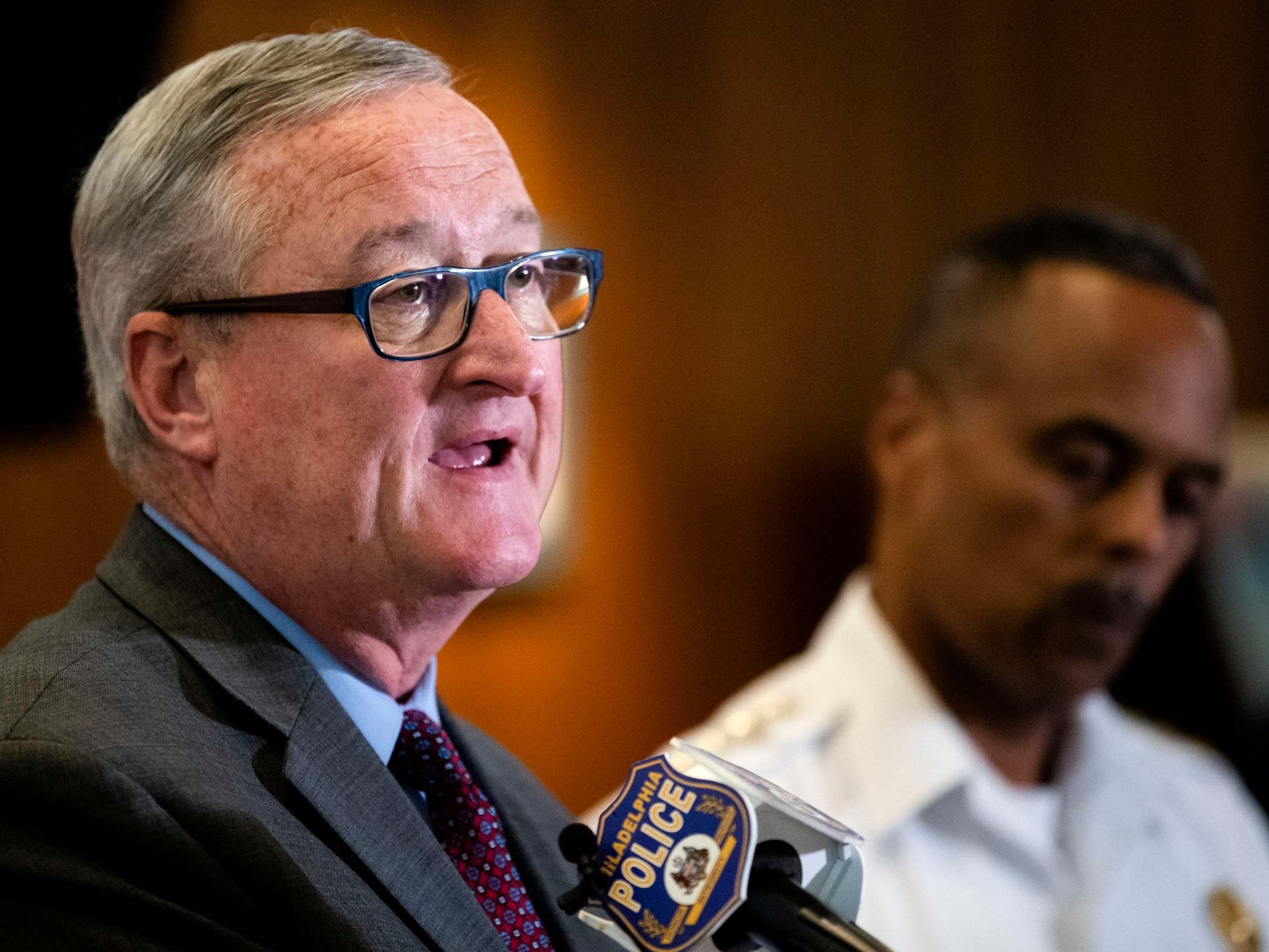 Philadelphia Mayor Jim Kenney speaks alongside police commissioner