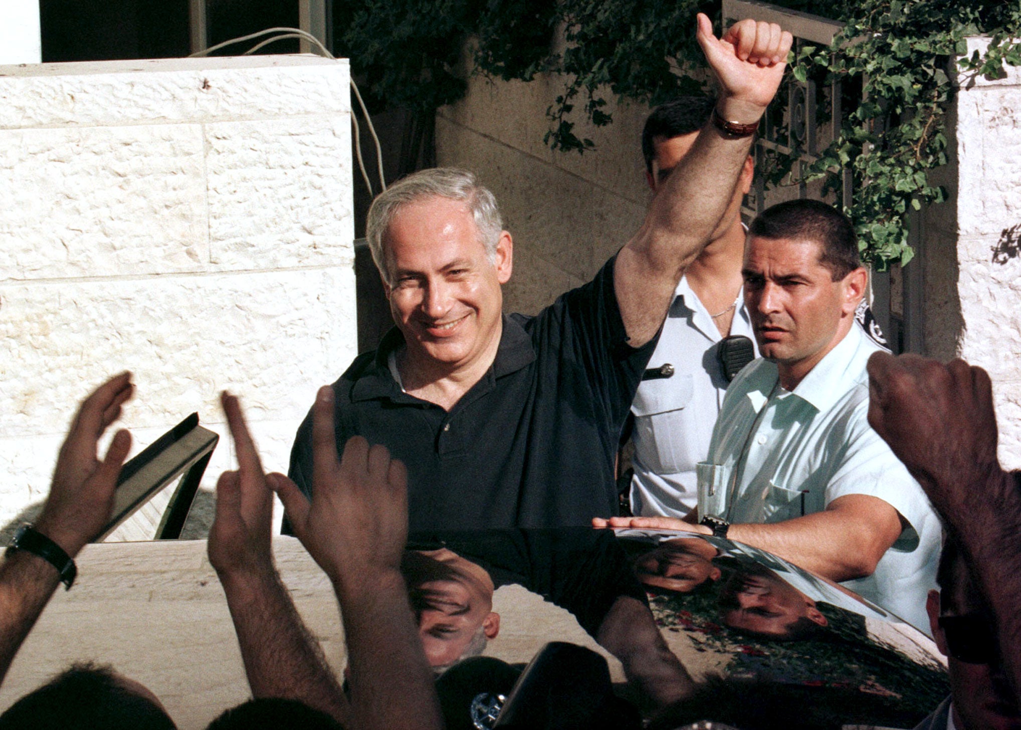 Netanyahu celebrates his 1996 win; he received 50.4 per cent of the vote to Shimon-Peres’s 49.5 per cent (Reuters)