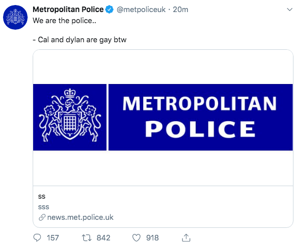 A tweet containing an apparent homophobic slur sent on the Metropolitan Police’s official Twitter account by hackers