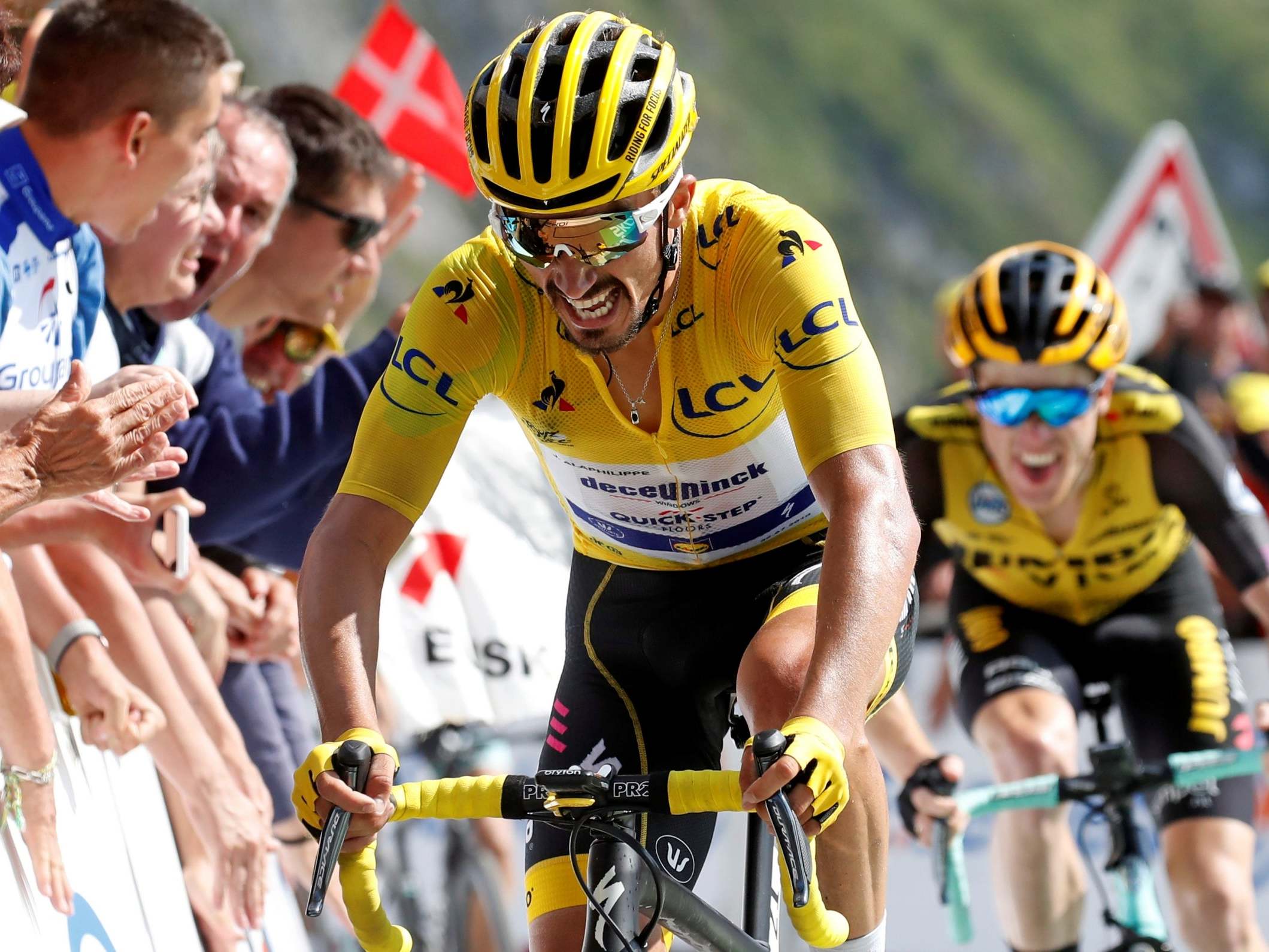 Julian Alaphilippe holds the yellow jersey