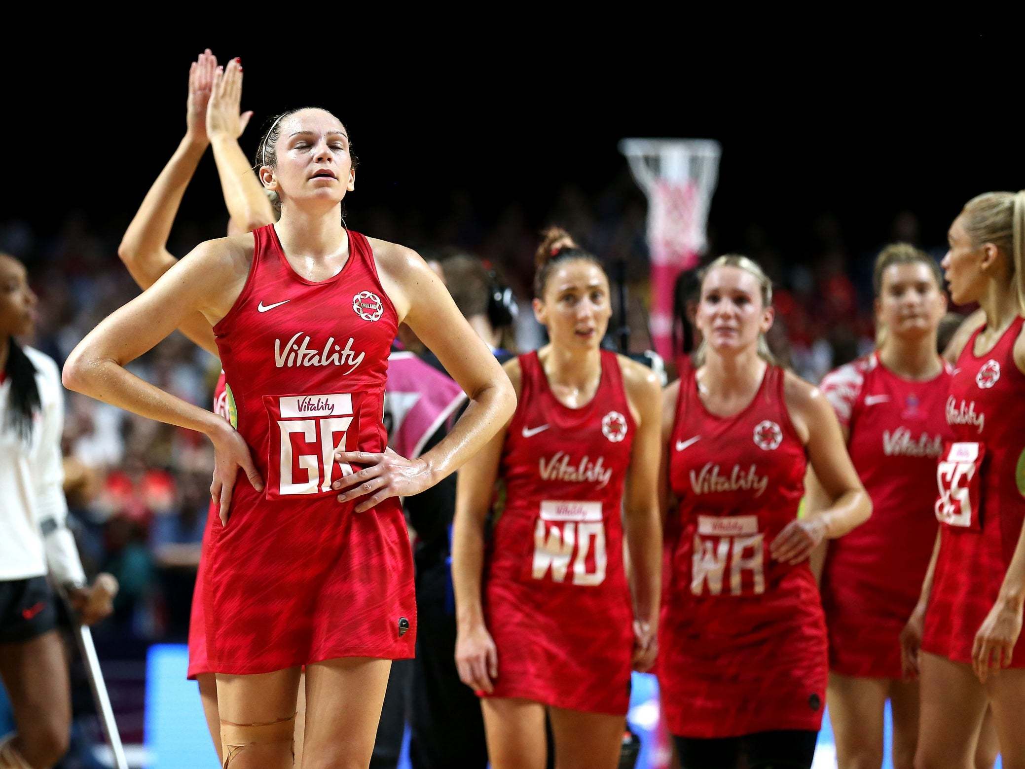 England's Joanne Harten appears dejected after their World Cup defeat against New Zealand