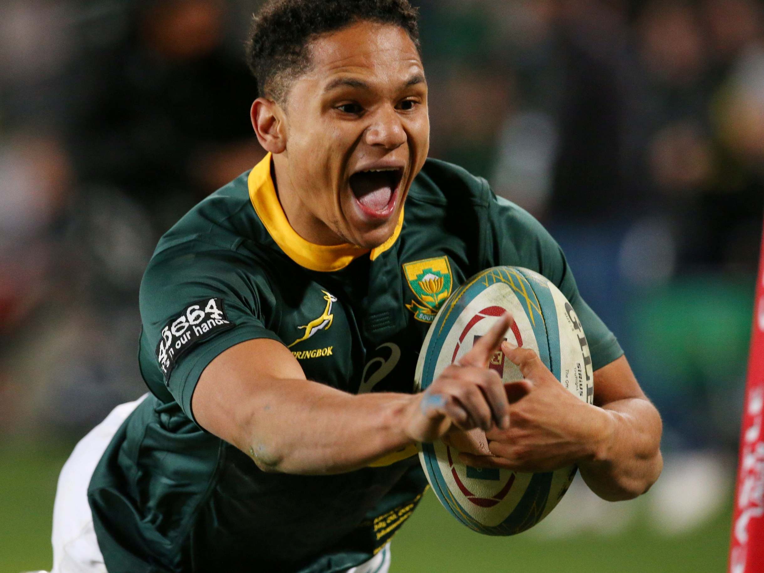 Herschel Jantjies celebrates scoring one of his two tries against Australia