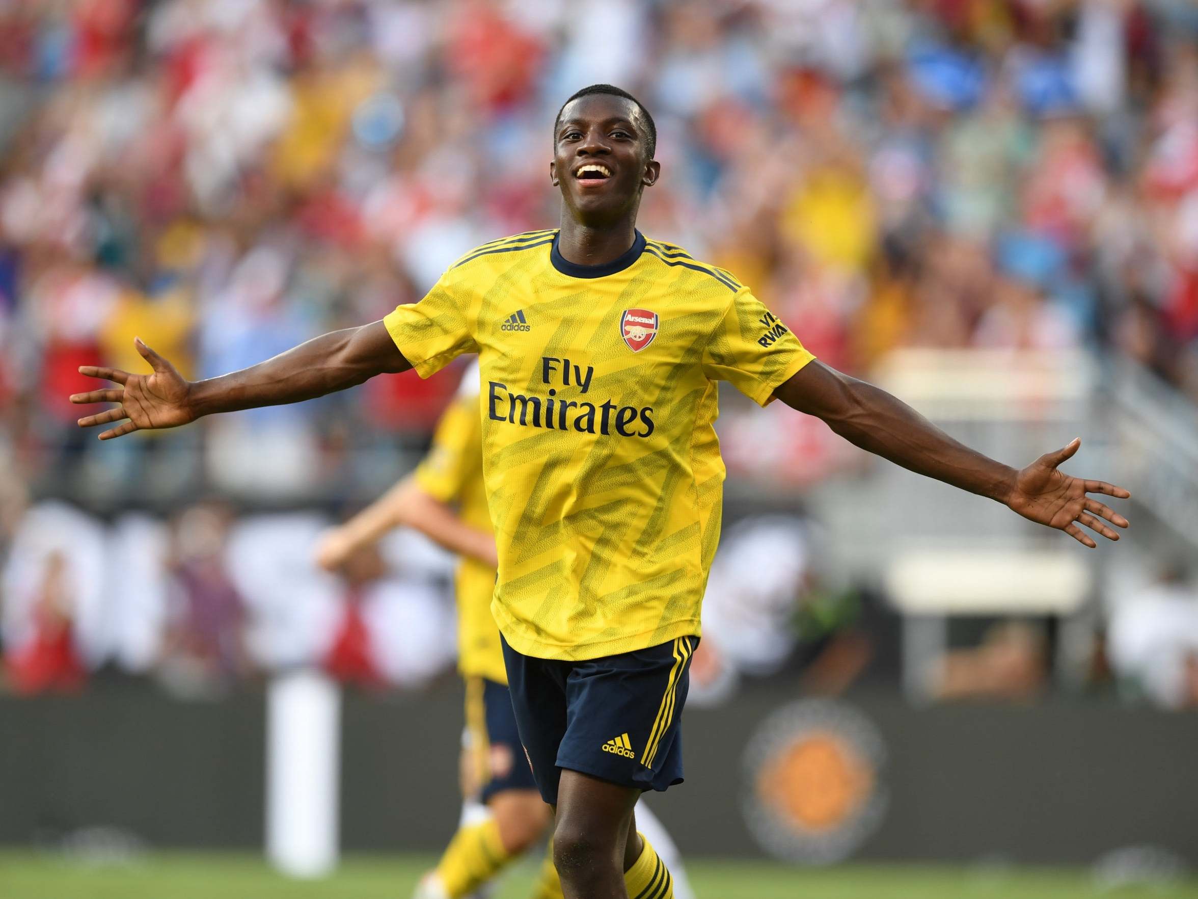 Eddie Nketiah celebrates scoring one of his two goals for Arsenal in the 3-0 win over Fiorentina