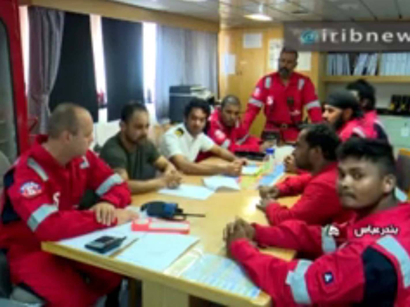 Crew members of the British-flagged tanker ‘Stena Impero’ seen in an image released by Iranian state media