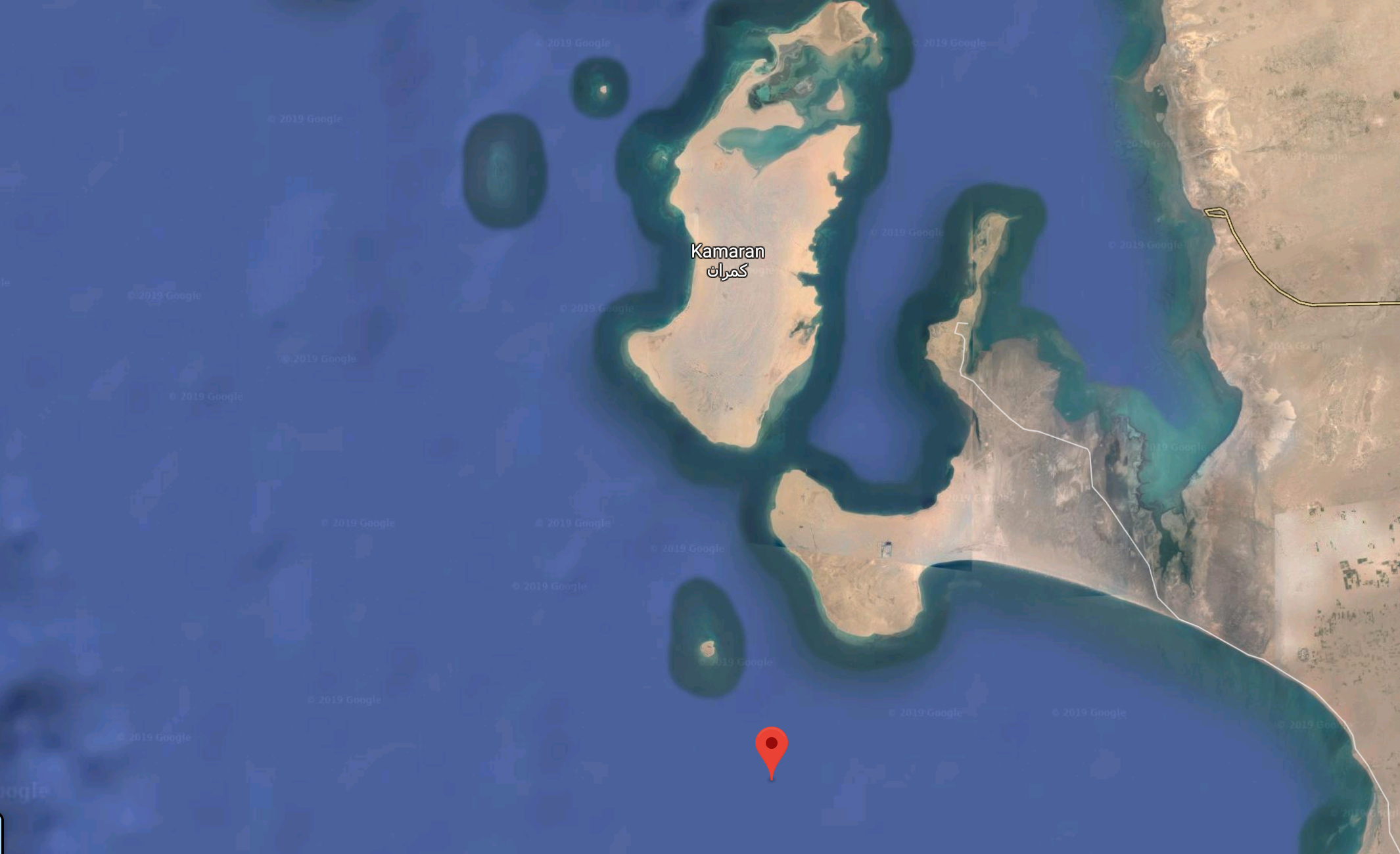 The red point marks the location of the Safer tanker moored off the western coast of Yemen