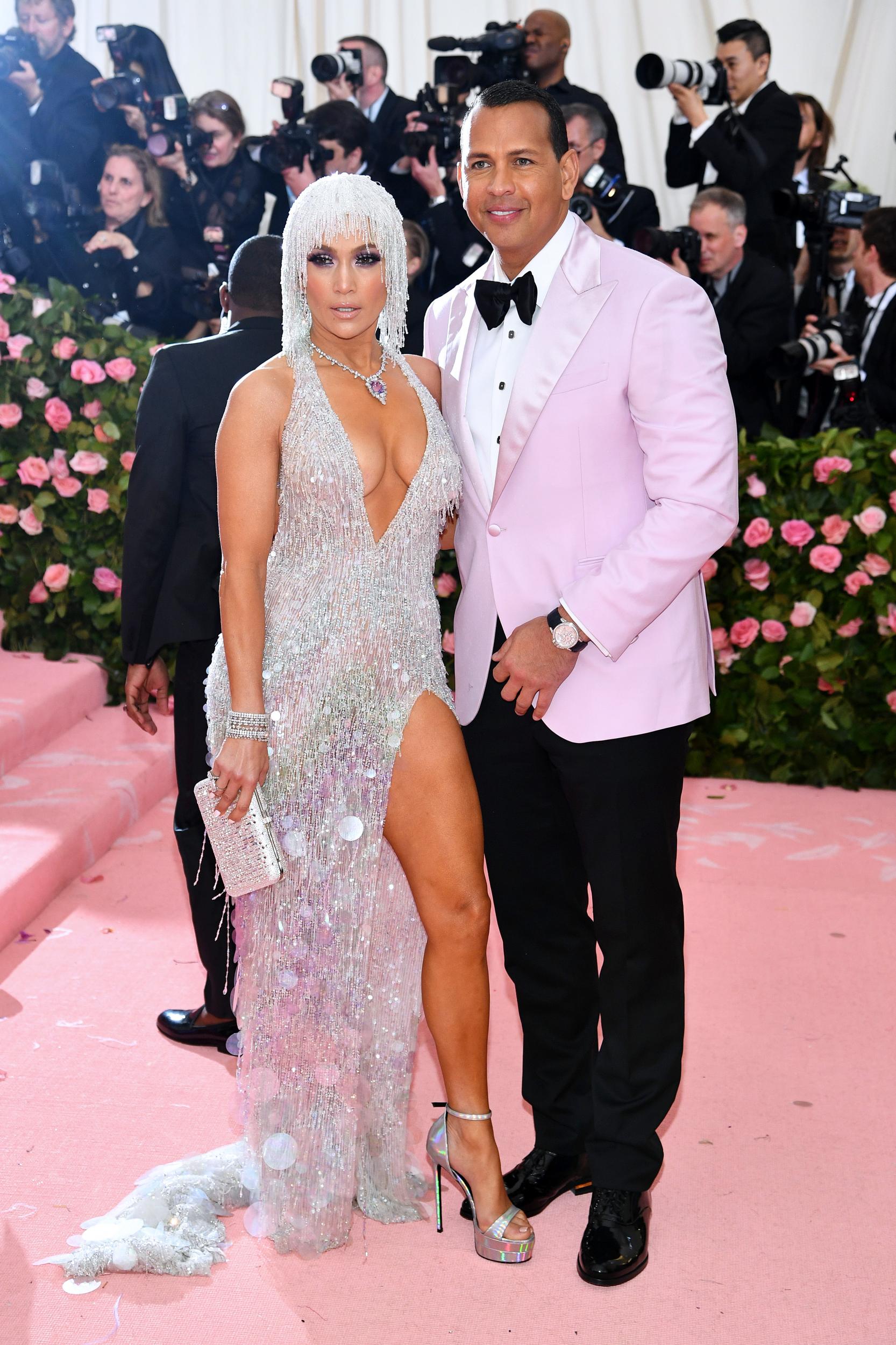 Lopez wore a sparkly backless silver gown by Versace, teamed with a bejewelled cap to the 'Camp: Notes on Fashion'-themed Met Gala in May 2019.