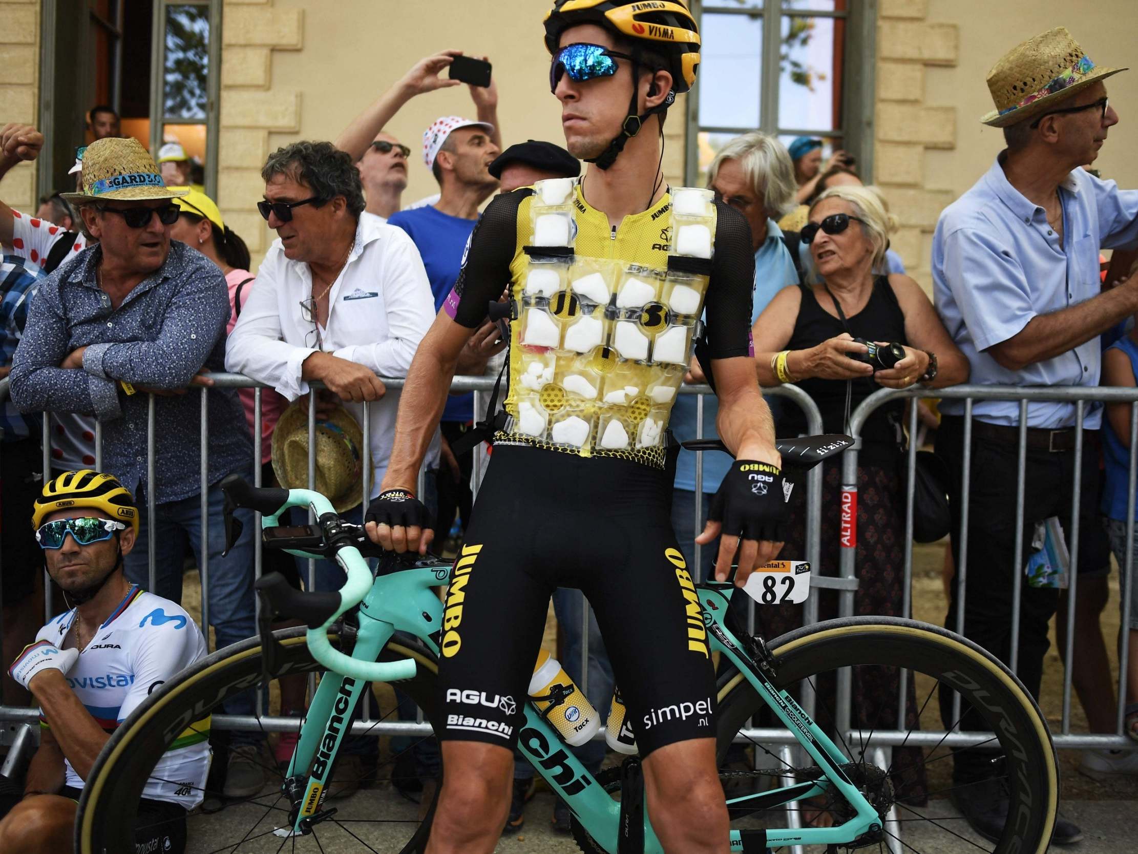 New Zealand’s George Bennett wearing a special plastic bib with several pockets filled with ice