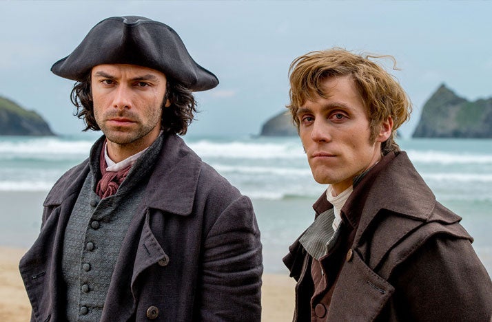 Farthing (right) as George Warleggan with Aidan Turner as Ross Poldark