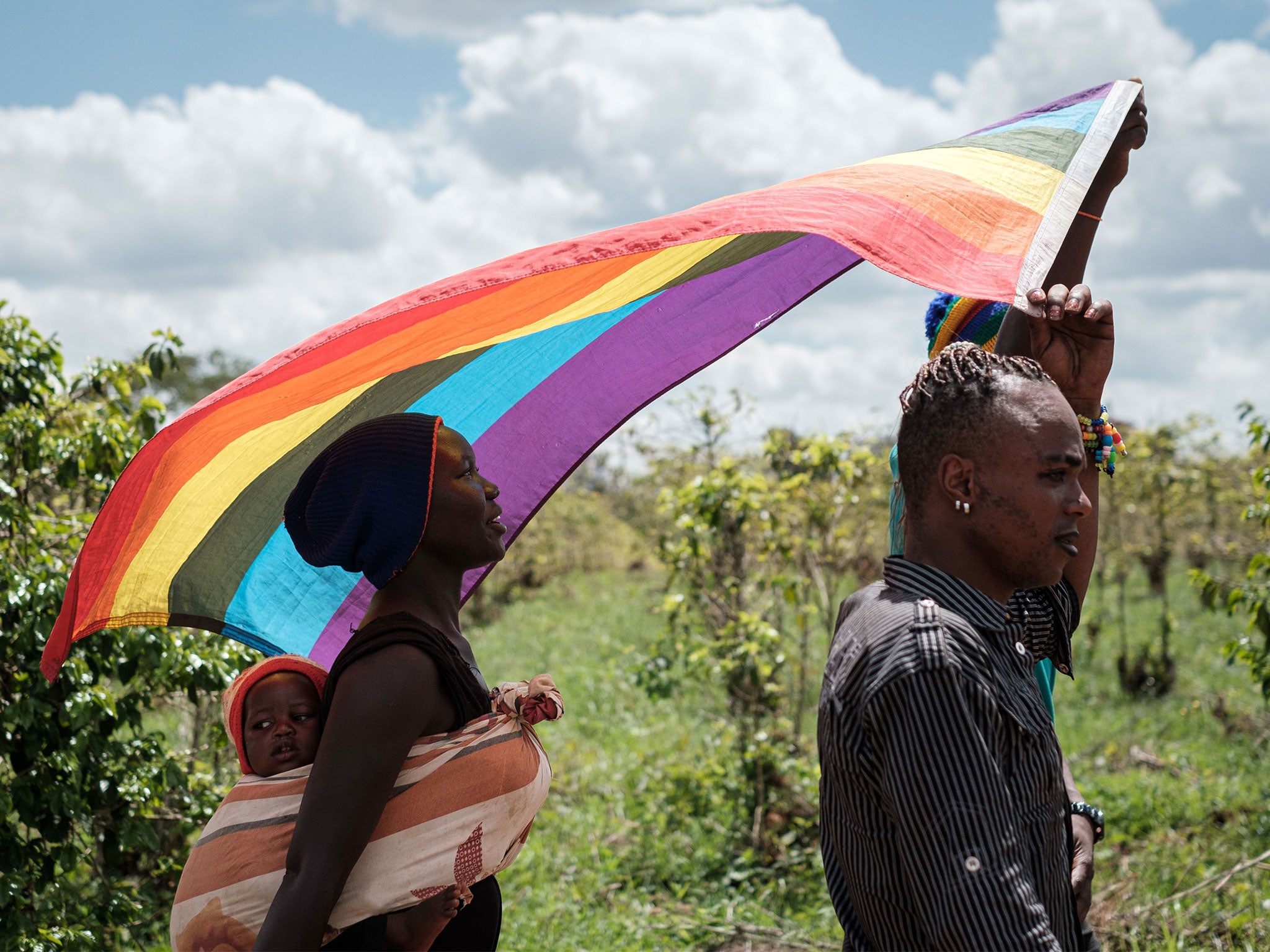 LGBT+ refugees from South Sudan, Uganda and DR Congo walk on the way to their protest to demand their protection at the office of the United Nations High Commissioner for Refugees (UNHCR) in Nairobi