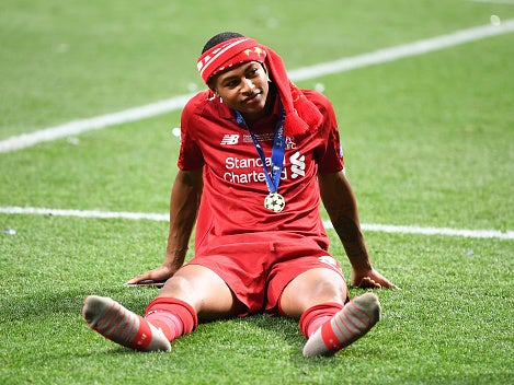 Rhian Brewster celebrates after the Champions League final