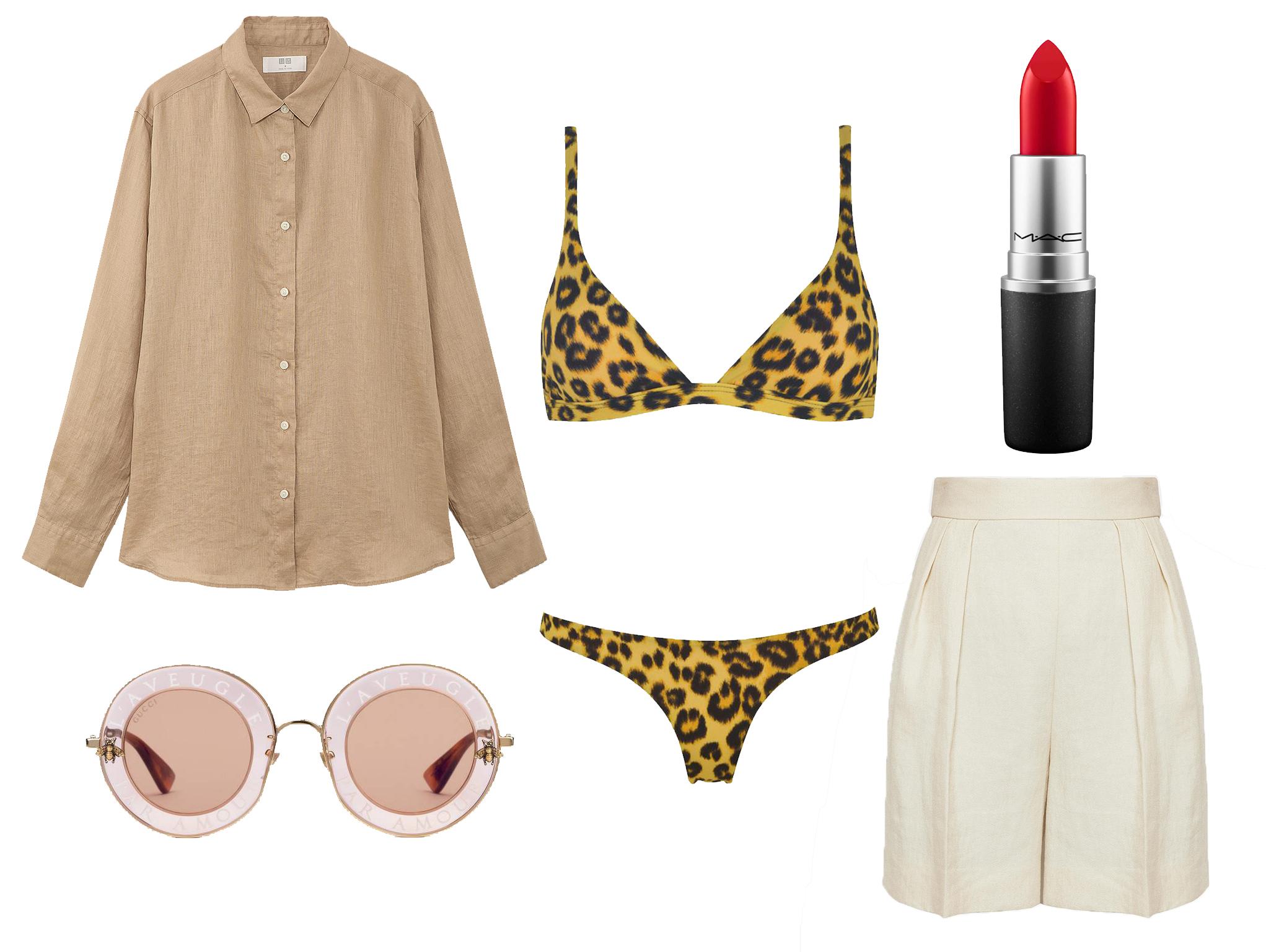 Uniqlo linen long sleeved shirt: £14.90, Gucci round-frame metal sunglasses: £410, Les Girls Les Boys tiny triangle bikini top: £65, Les Girls Les Boys tiny bikini bottoms: £60, MAC lipstick in brave red: £17.50, Theory luxe linen pleated short: £125.