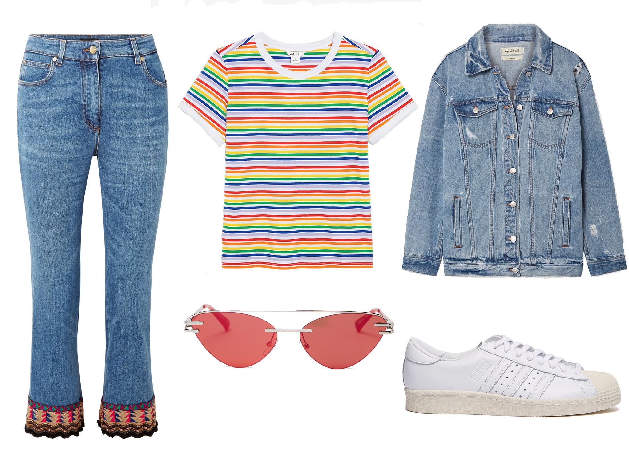 Etro cropped embroidered high-rise flared jeans: £264, Monki ringer T-shirt: £10, Le Specs x Adam Selman The Coupe cat-eye metal sunglasses: £75, Madewell oversized distressed denim jacket: £161.72, Adidas Originals superstar 80s leather trainers: £120.