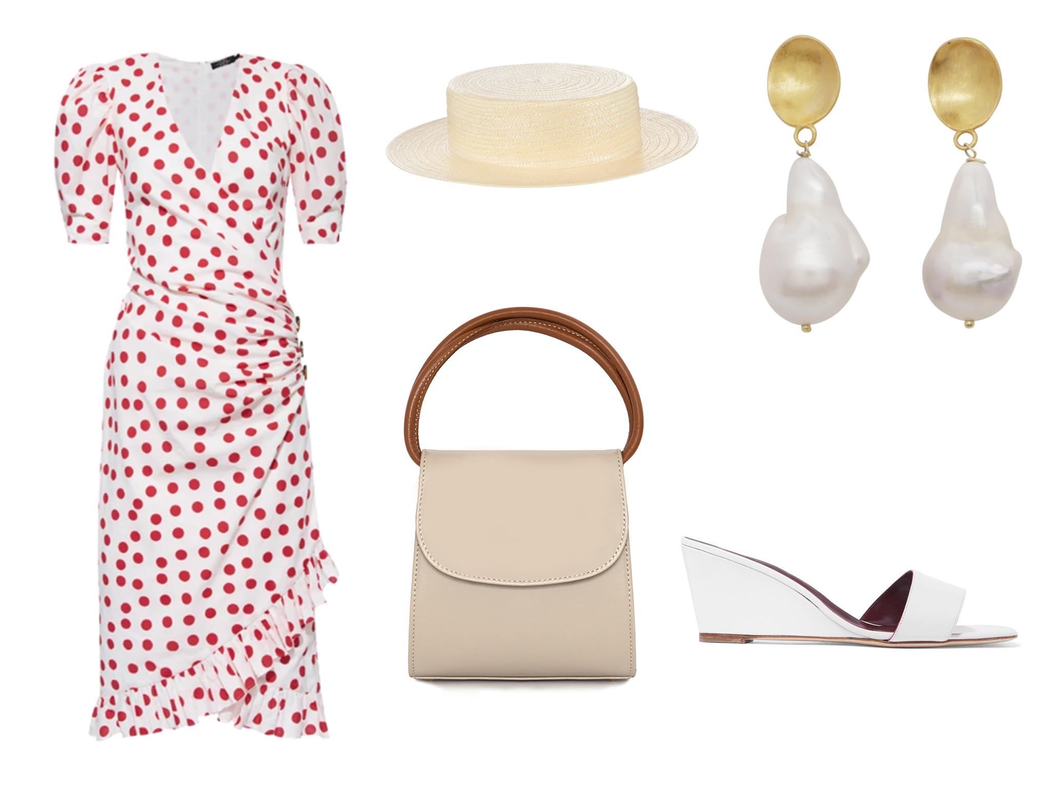 De La Vali Shanna red polka dot cotton midi dress: £390, John Lewis &amp; Partners boater hat: £28, Folklore loop bag: £450, Carousel Jewels gold nugget and pearl earrings: £90, Staud Billie leather wedge sandals: £230.