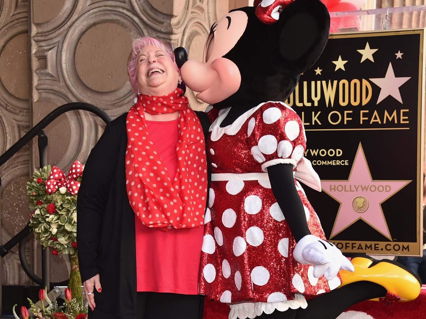 Russi Taylor poses with Minnie Mouse during a star ceremony in celebration of the 90th anniversary of Disney's Minnie Mouse at the Hollywood Walk of Fame, January 2018