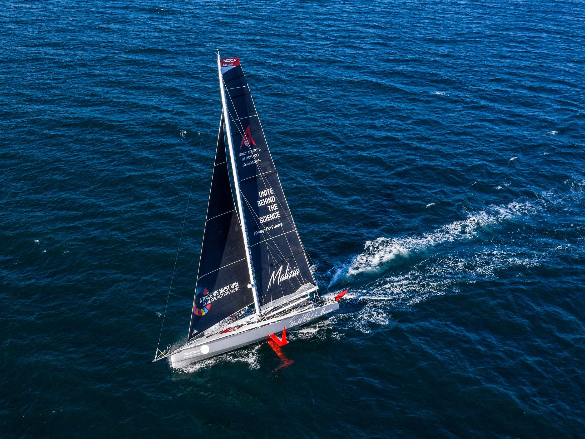 An areal view of the racing boat Malizia II Greta Thunberg will travel in to sail across the Atlantic for the UN Climate Summit