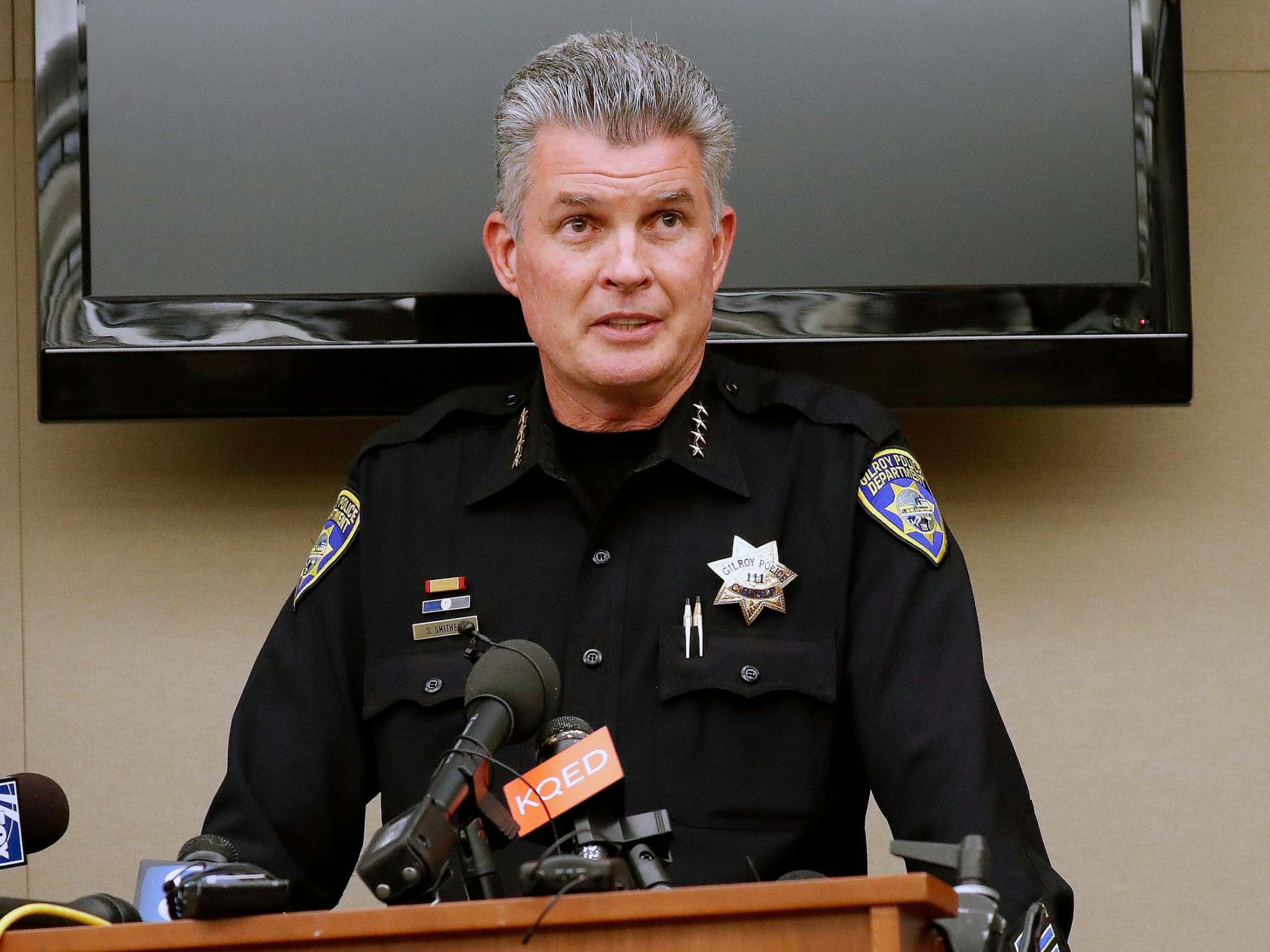 Gilroy Police Department chief Scot Smithee speaks during press conference