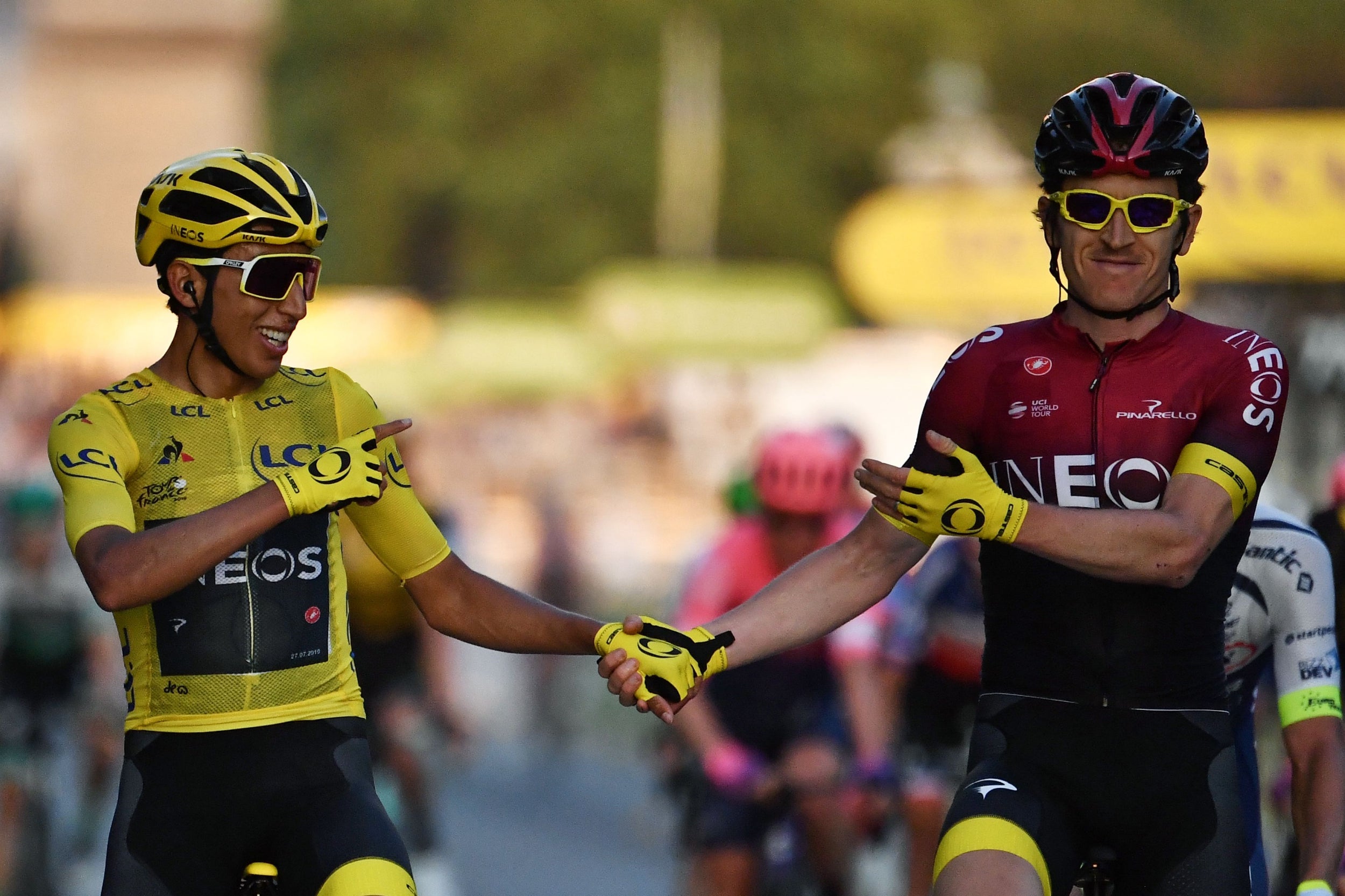 Thomas congratulates teammate Egan Bernal on his victory at the 2019 Tour