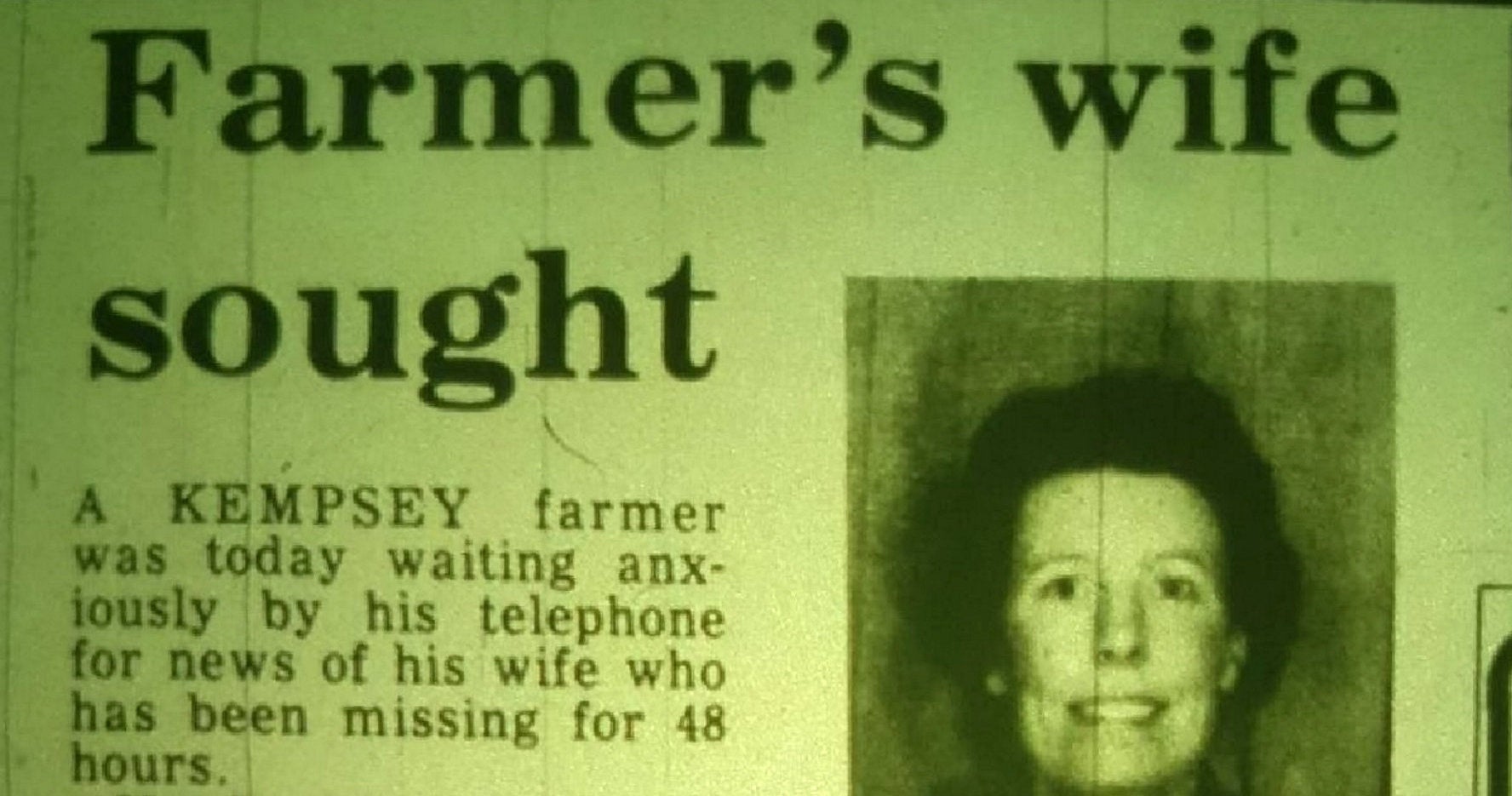 Newspaper clipping from the Worcester News reporting Brenda Venables’ disappearance in 1982