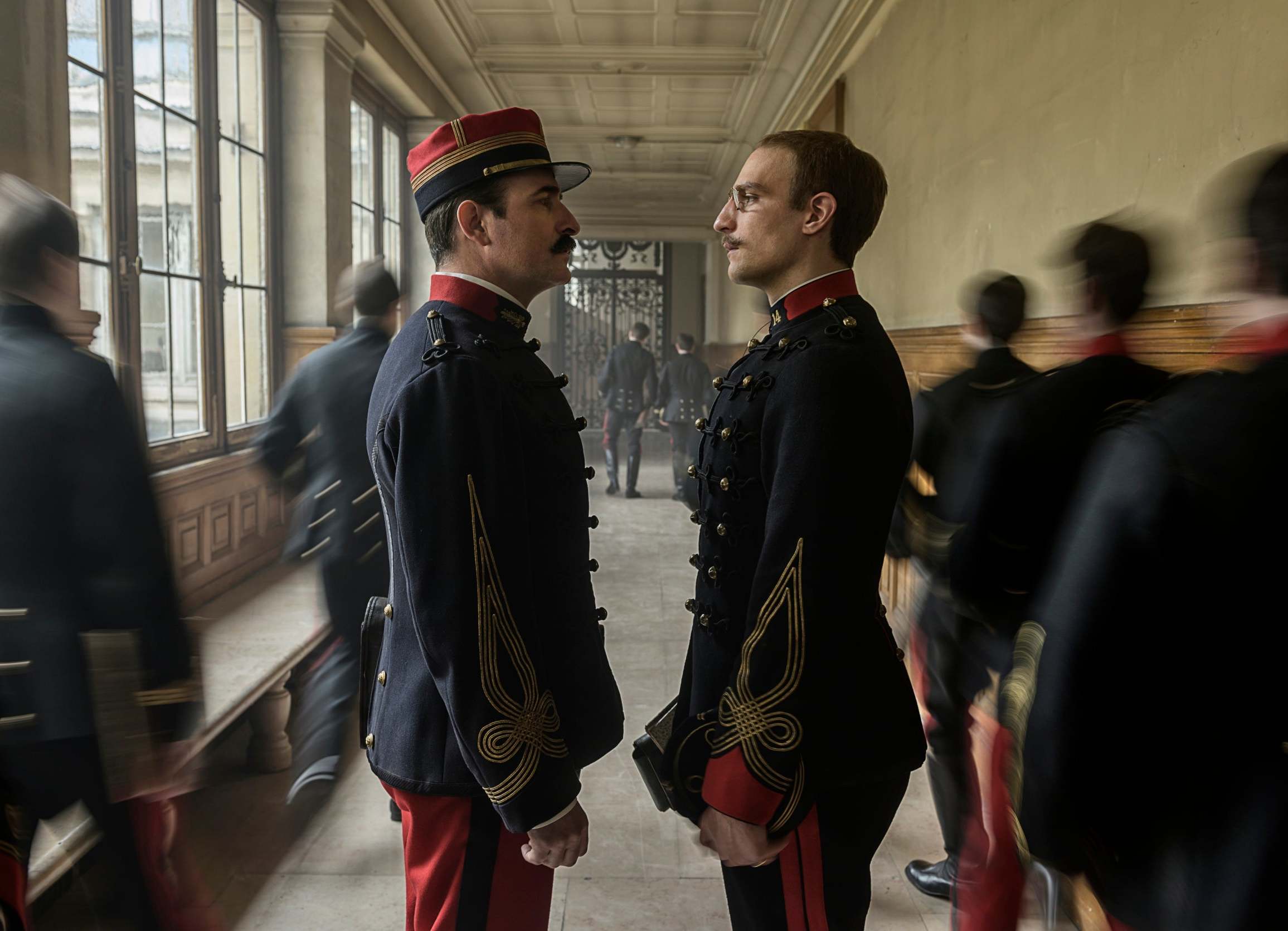 Louis Garrel (right) as Alfred Dreyfus and Jean Dujardin as Georges Picquart in Polanski’s ‘J’Accuse‘