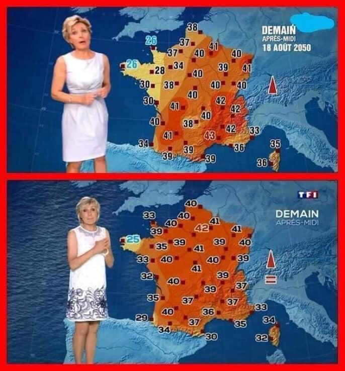 An image comparing the fictionalised 2050 weather with a present day report