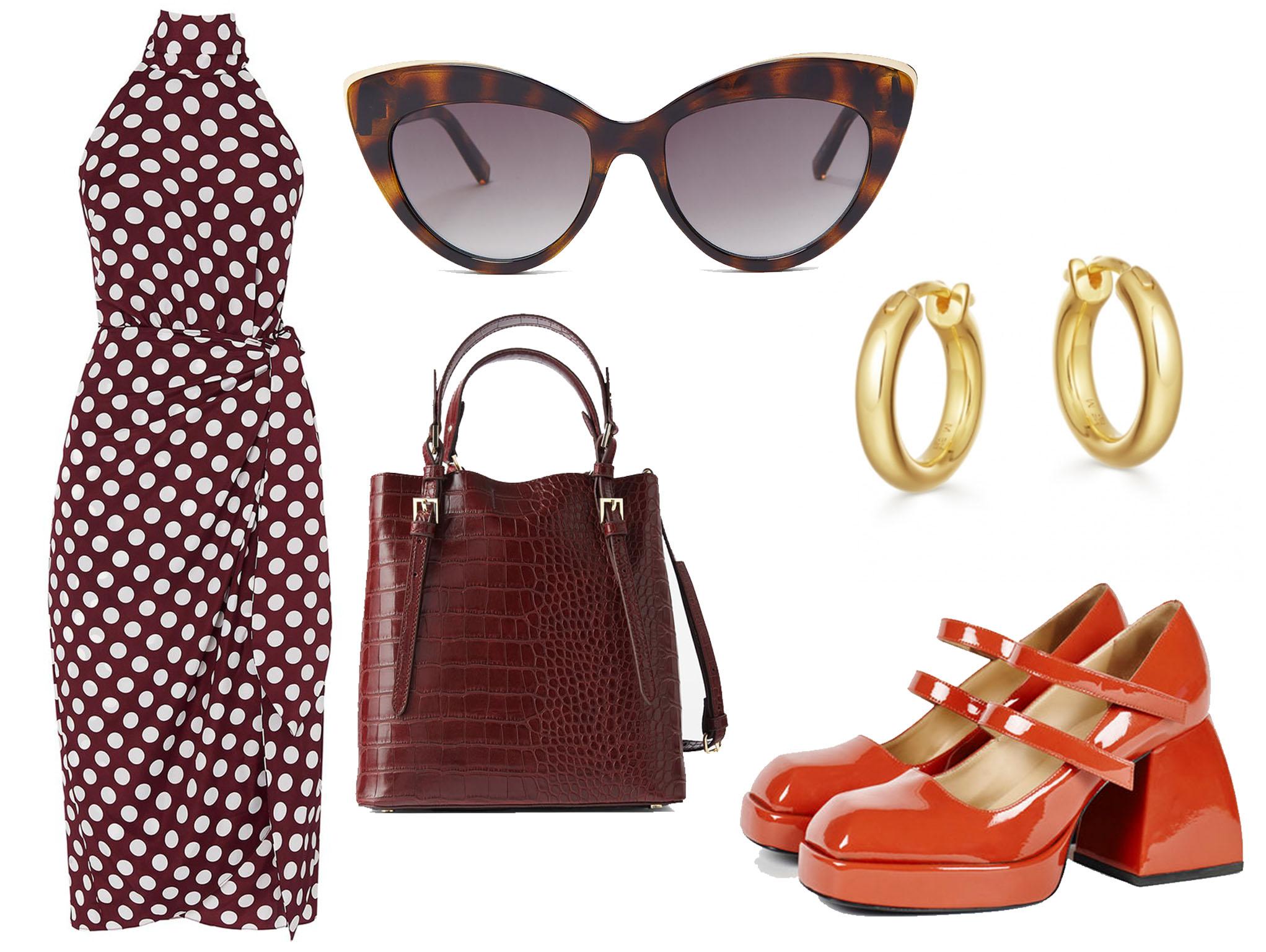 Kitri polka dot dress: £125, Le Specs beautiful stranger cat-eye acetate sunglasses: £45, Zara tote bag: £45, Missoma gold mini tunnel hoops: £85, Nodaleto babies bulla tangerine: €690 (£630)