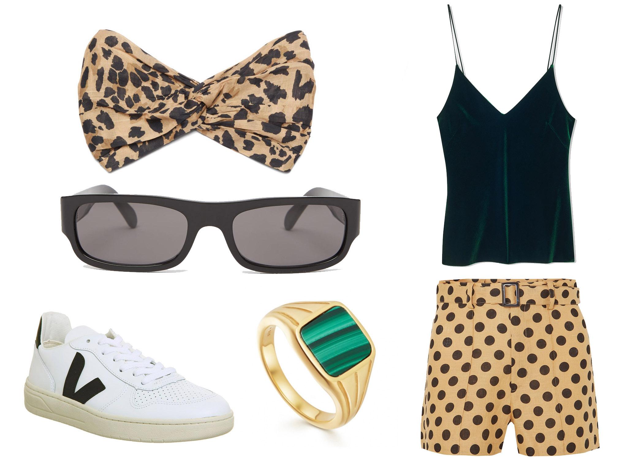 Zimmerman leopard-print cotton headband: £55, Celine Eyewear rectangular acetate sunglasses: £310, Veja trainers: £115, Missoma Lucy Williams gold square malachite signet ring: £95, Galvan velvet camisole: £195, Lisa Marie Fernandez belted polka-dot linen shorts: £390