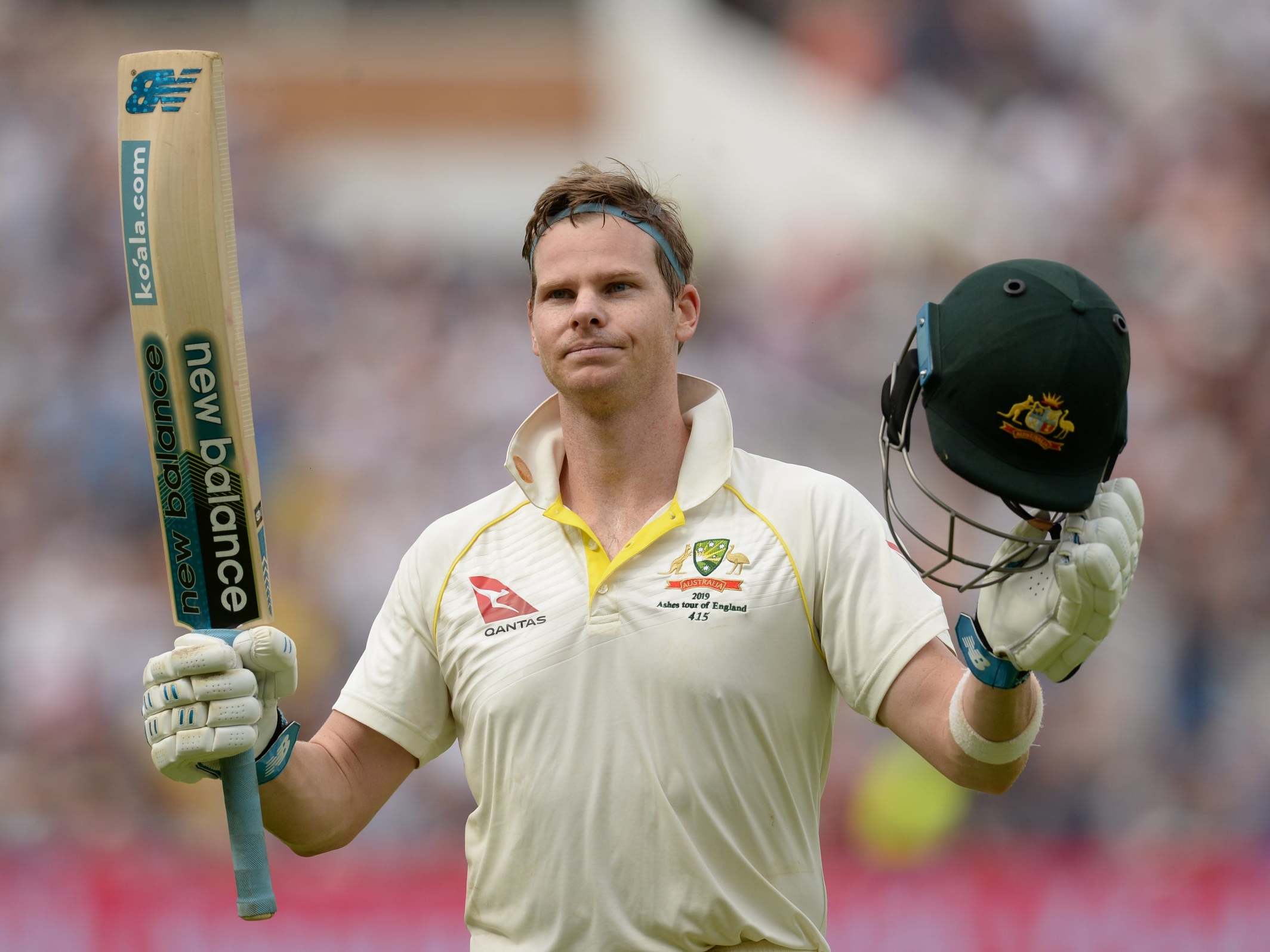 Steve Smith celebrates scoring his second century in the first Test