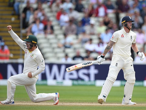 Ben Stokes reacts after being dismissed by Nathan Lyon