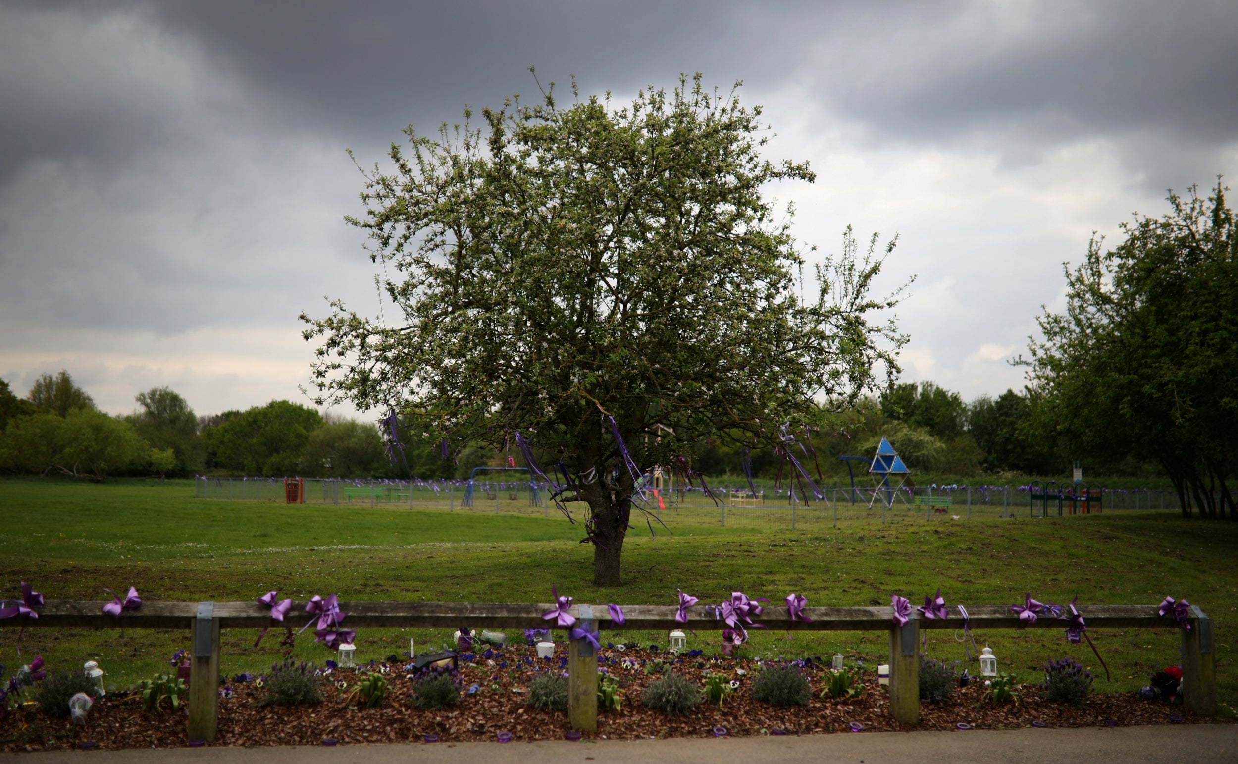 Purple ribbons are seen tied to a tree and fence at a park near to where 17-year-old Jodie Chesney was stabbed to death in an attack with no obvious motive, in the Harold Hill area of London. Chesney was stabbed in an unprovoked attack while out with friends on March 1, 2019. Four males aged 16, 17, 19 and 20 have been charged with her murder which all four deny. In honour of her favourite colour, purple ribbons were tied to a railing, alongside a message also written in purple: "Choose life, drop the knife! RIP Jodie.