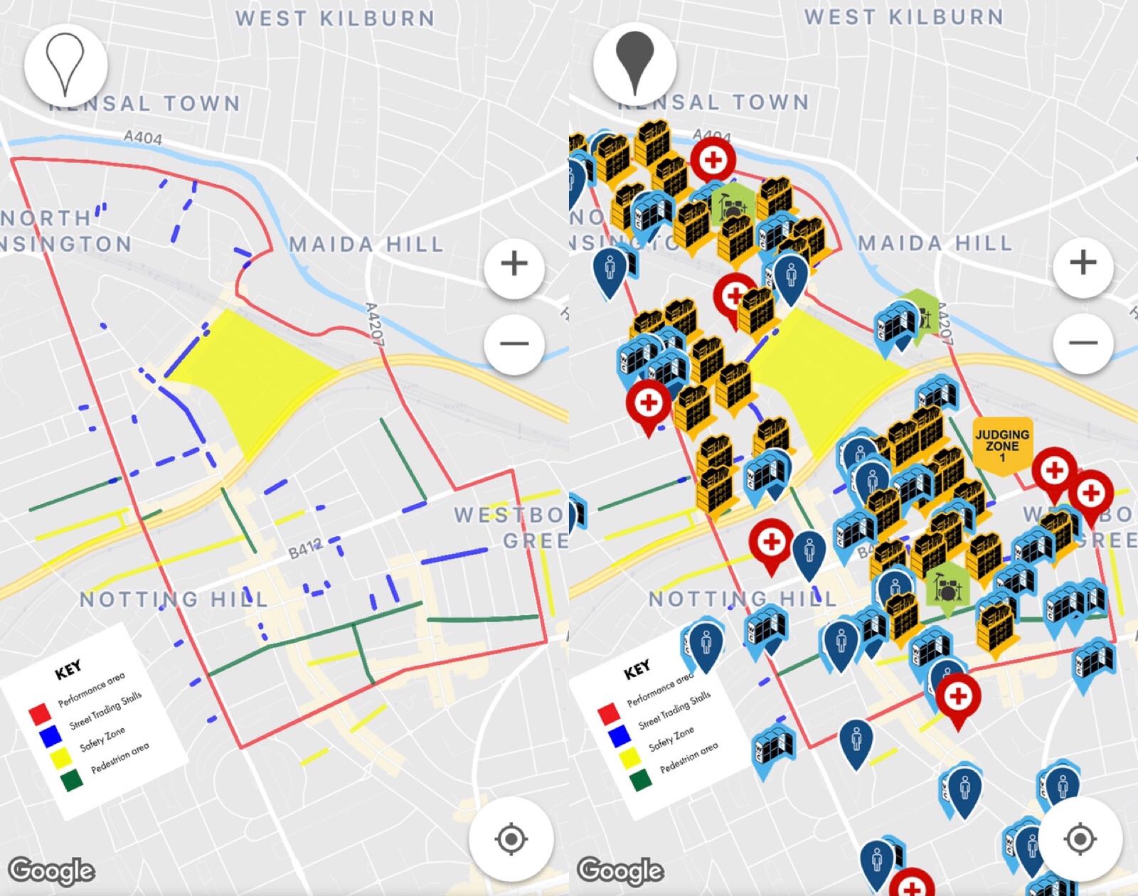 Side-by-side view of the Notting Hill Carnival parade route. The performance area is colour-coded in red, the street trading stalls in blue, the safety zone in yellow and the pedestrian area in green.