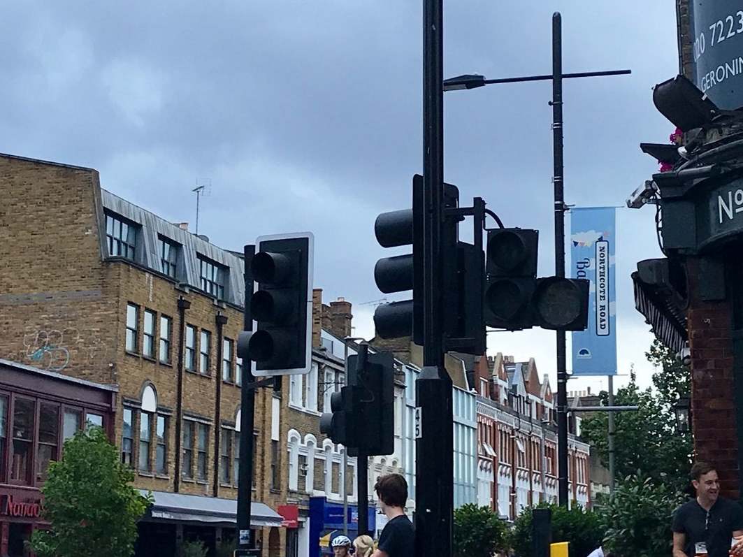 Traffic lights on Northcote Road, near Clapham Junction in London, shut down by the power cut