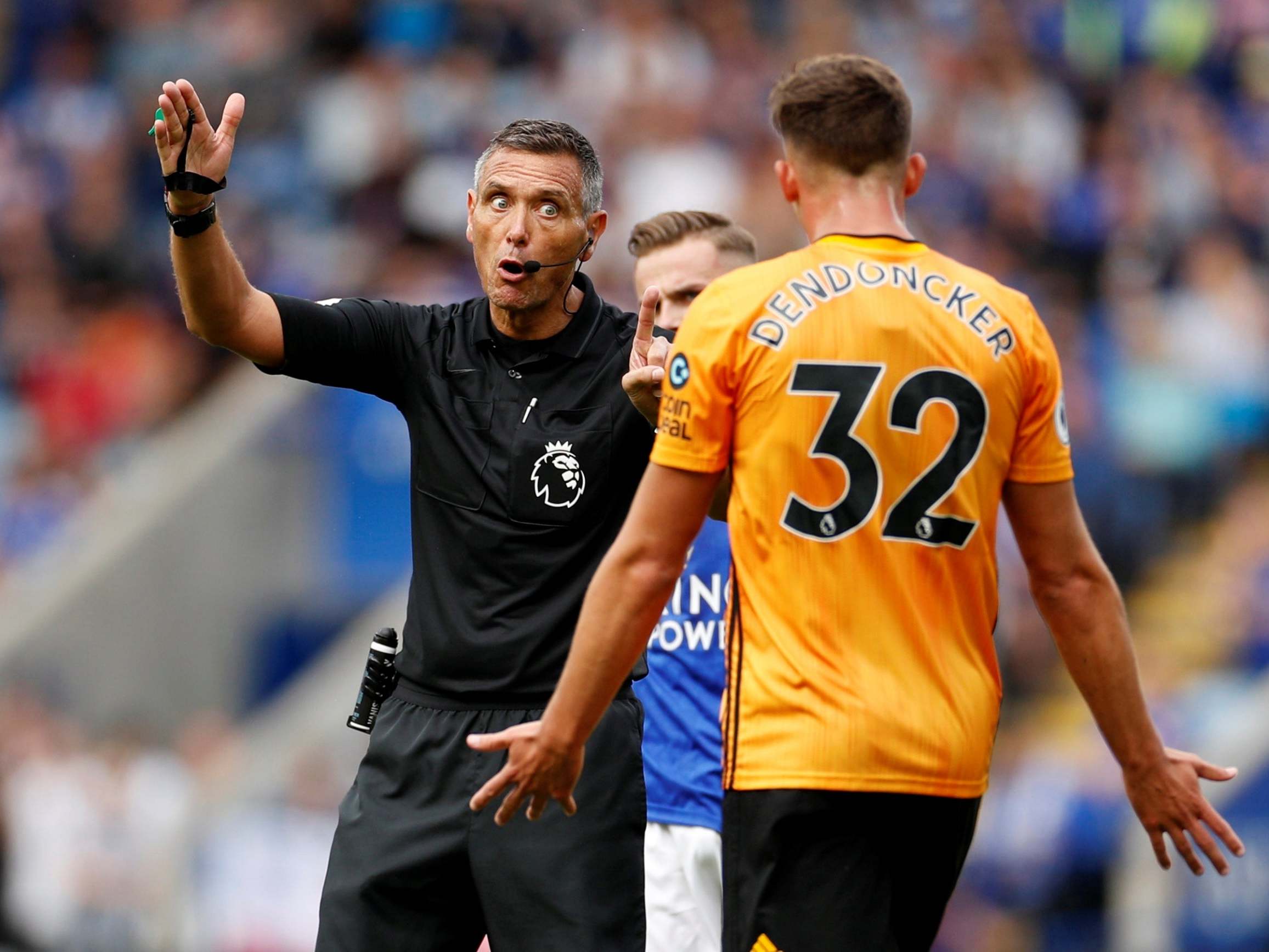 Leander Dendoncker remonstrates with the referee