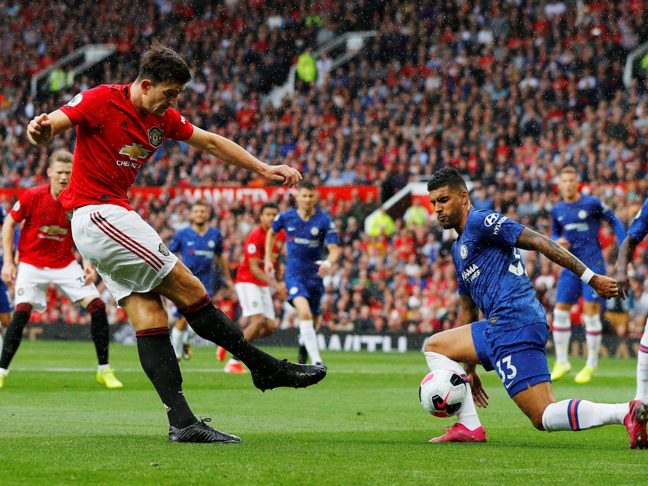 Harry Maguire takes a shot early in the match