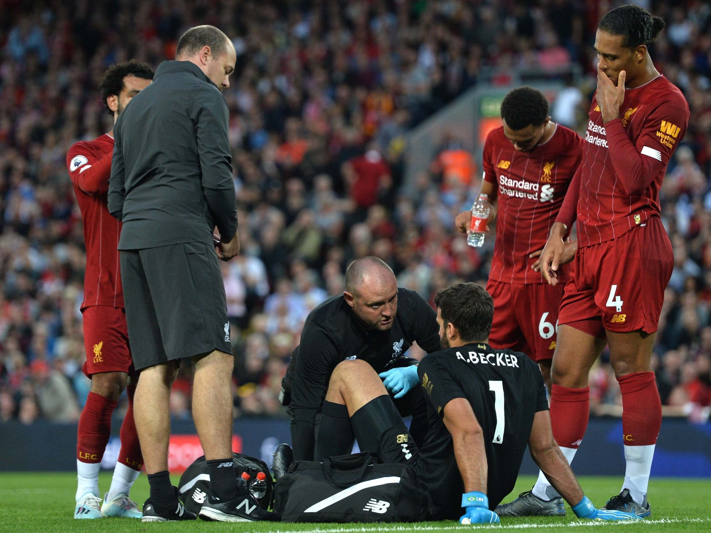 Alisson was forced off before the break at Anfield on Friday